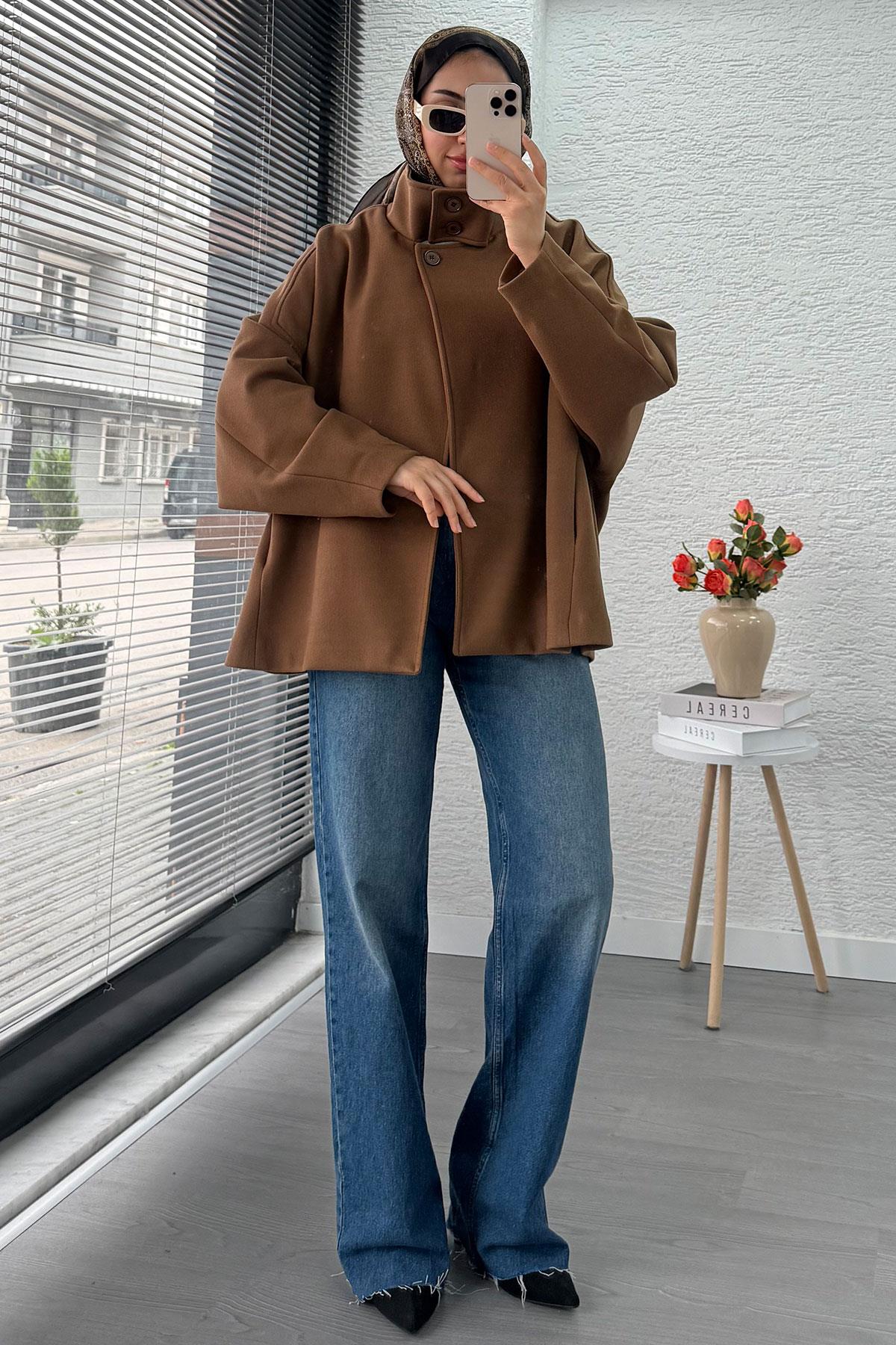 Premium Oversize Kaşe Panço Kaban - Taba