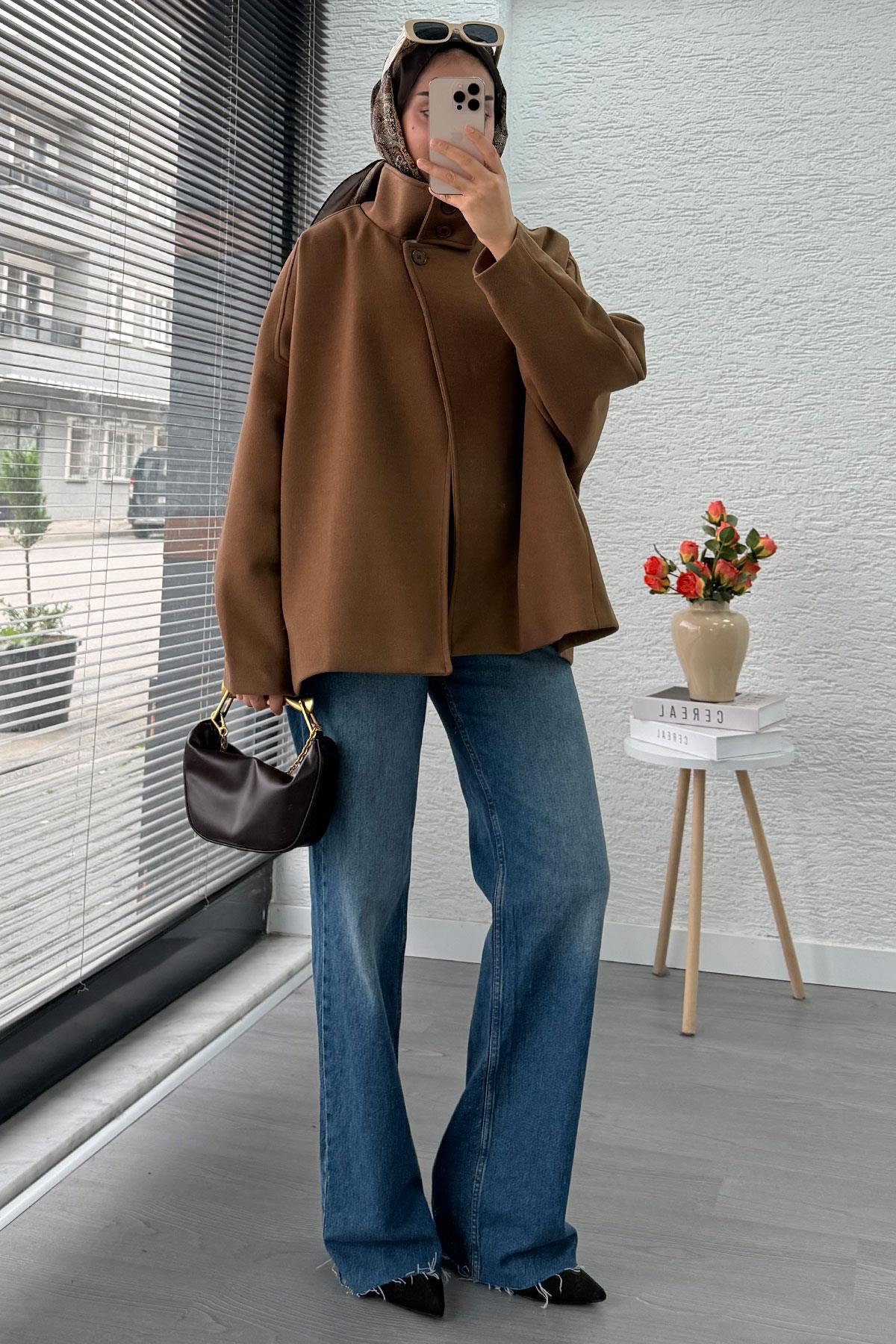 Premium Oversize Kaşe Panço Kaban - Taba