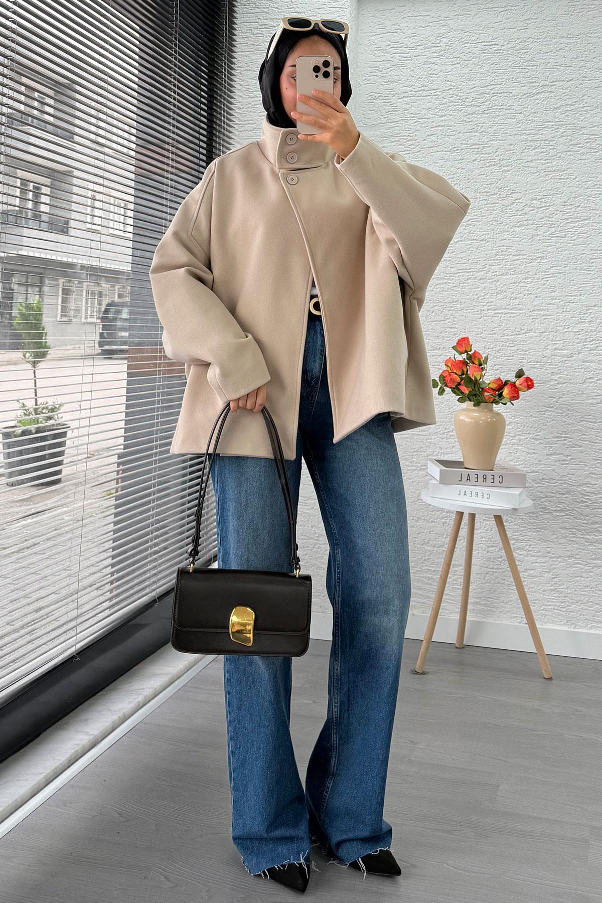 Premium Oversize Kaşe Panço Kaban - Taş