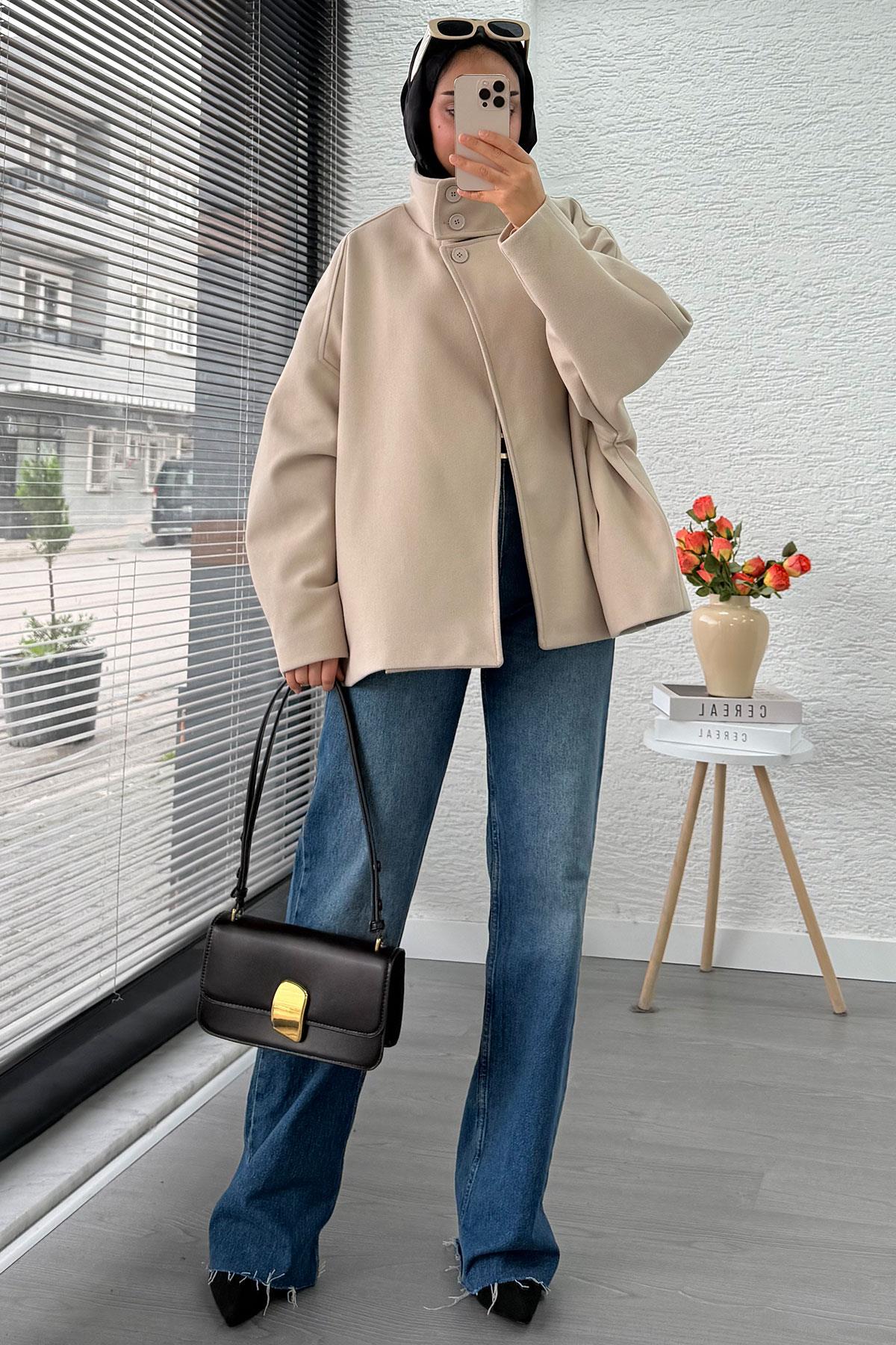 Premium Oversize Kaşe Panço Kaban - Taş