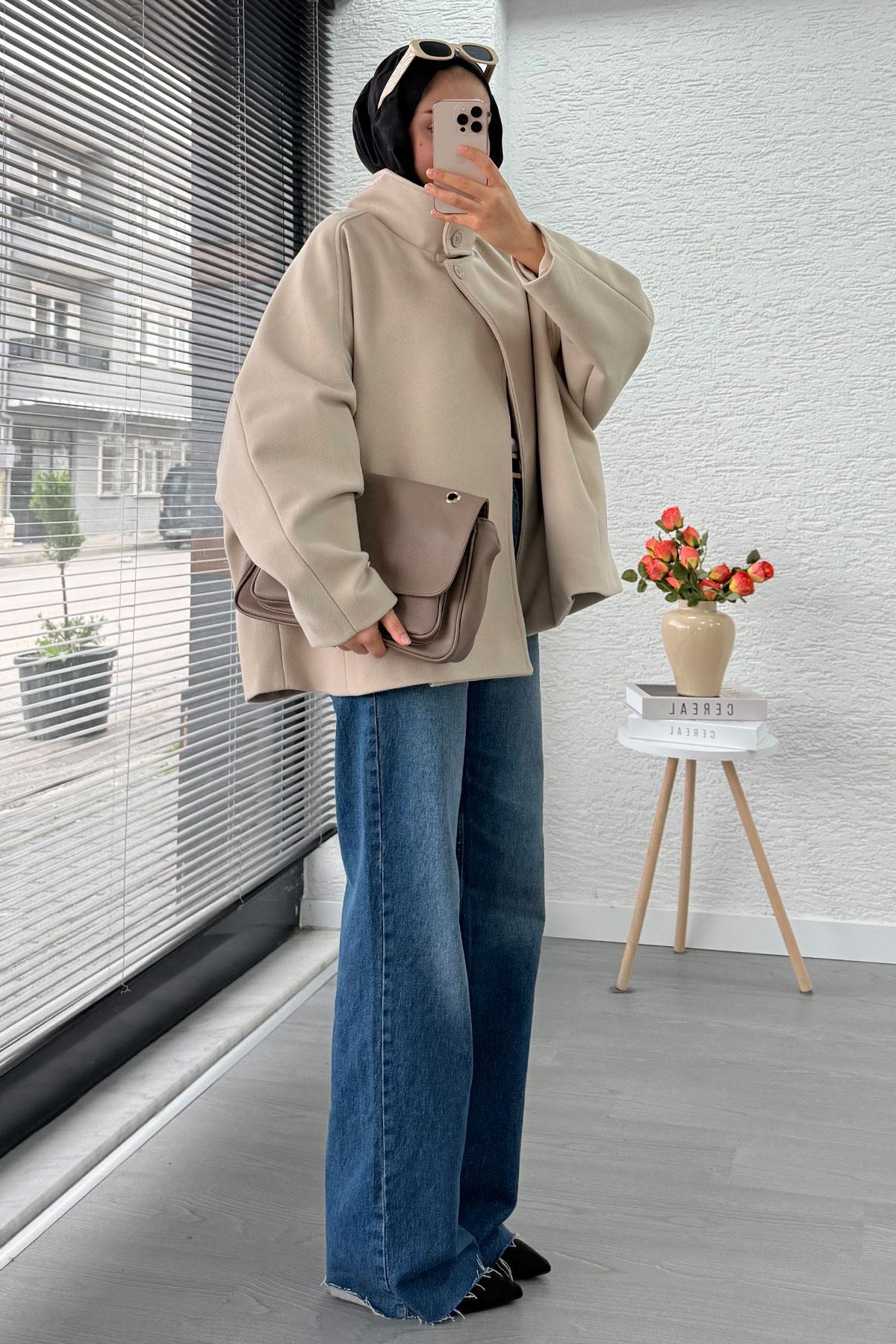 Premium Oversize Kaşe Panço Kaban - Taş