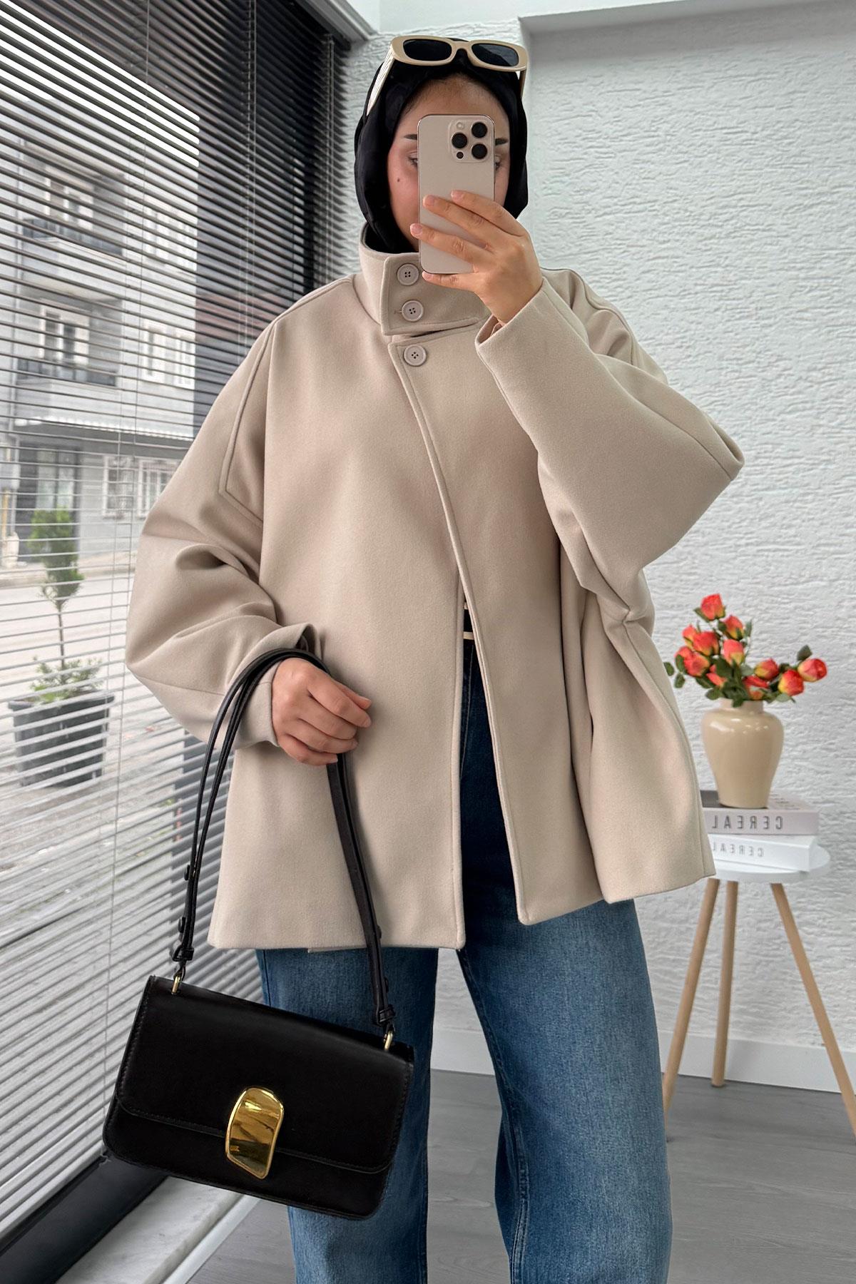 Premium Oversize Kaşe Panço Kaban - Taş