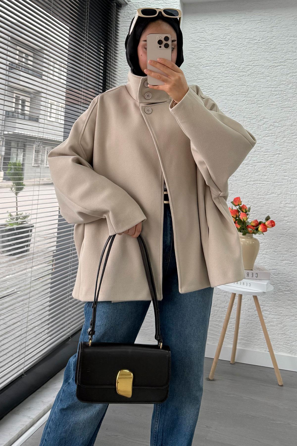 Premium Oversize Kaşe Panço Kaban - Taş