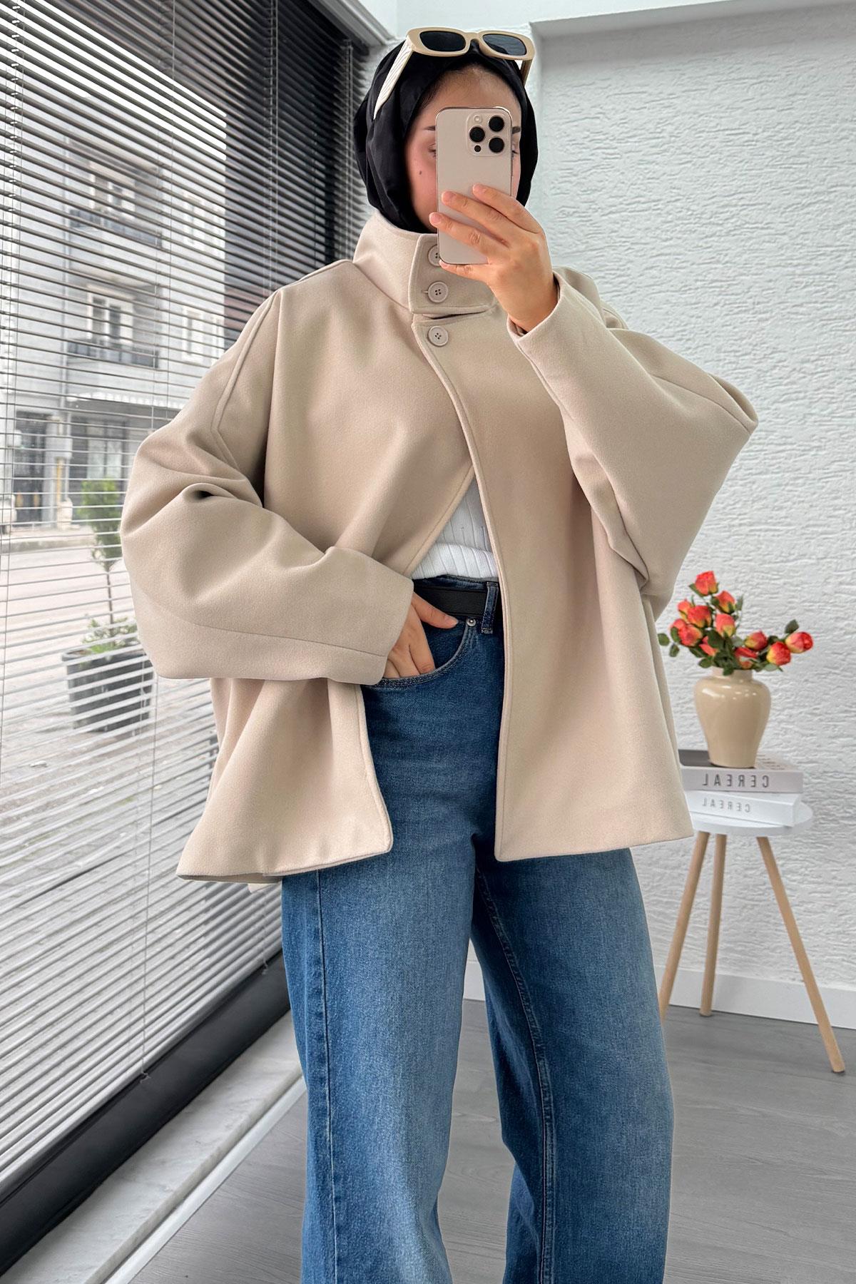 Premium Oversize Kaşe Panço Kaban - Taş