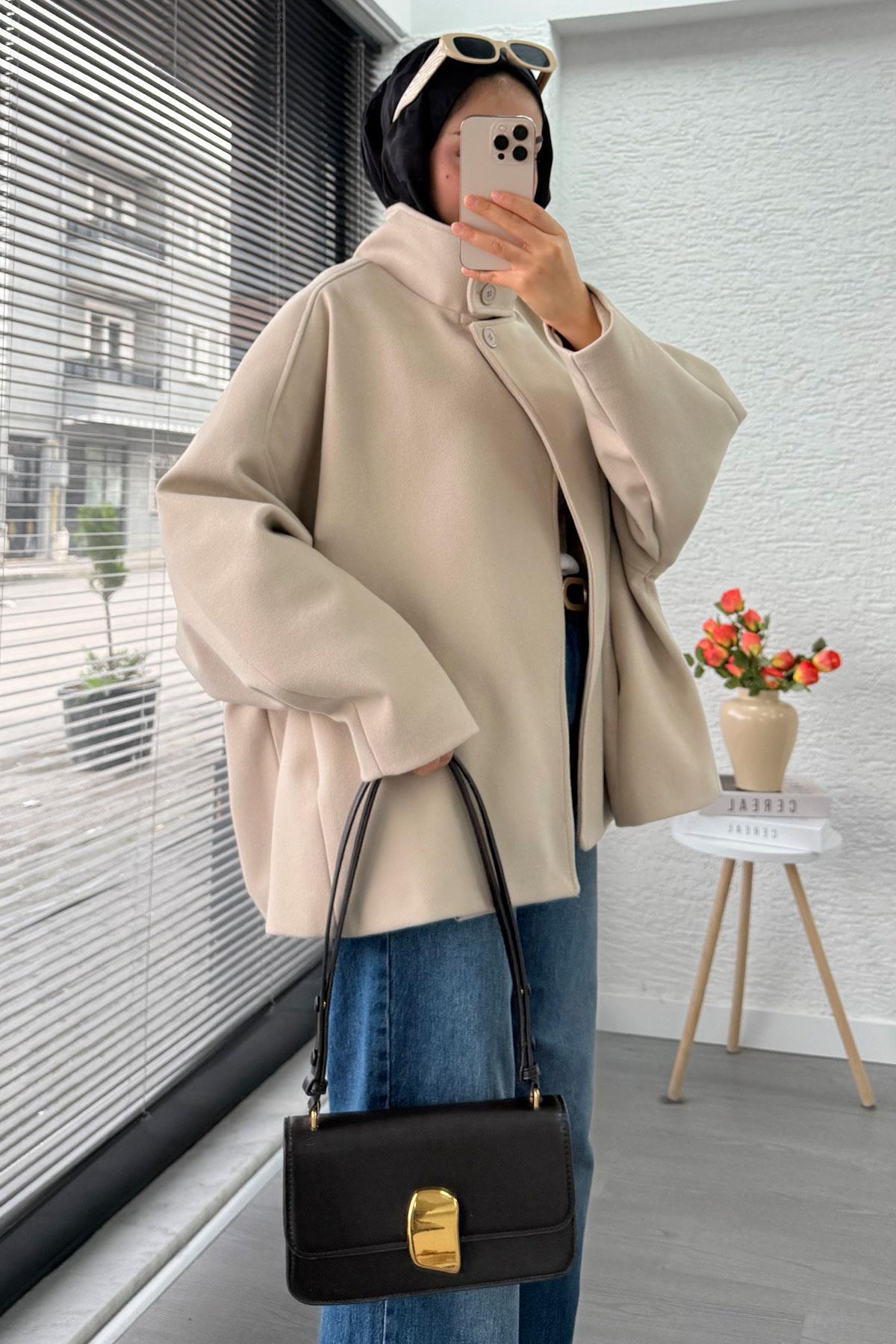 Premium Oversize Kaşe Panço Kaban - Taş