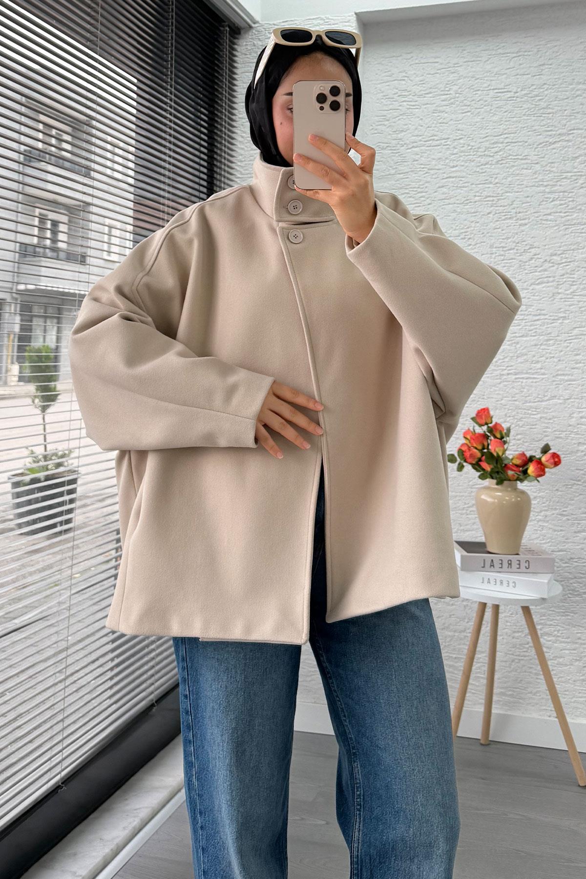 Premium Oversize Kaşe Panço Kaban - Taş