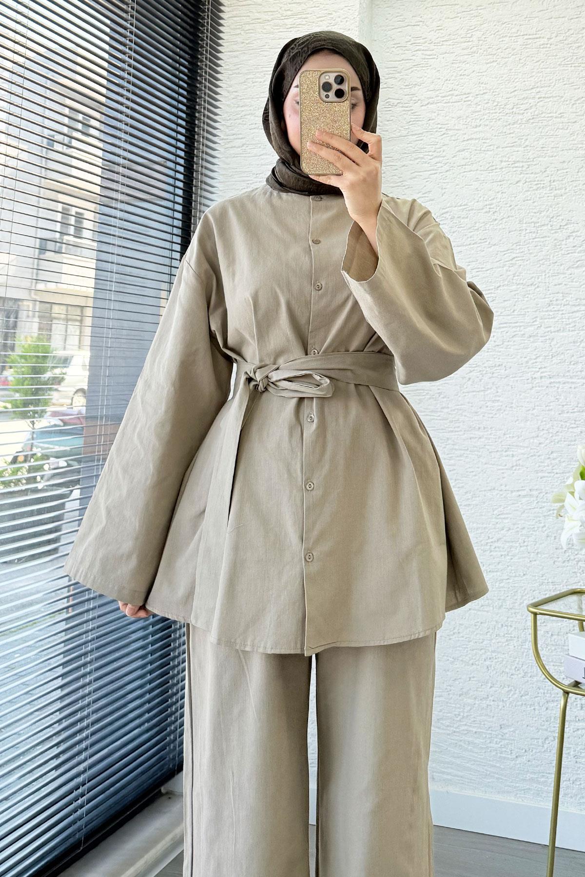 Premıum Oversize Önü Düğmeli Keten İkili Takım - Çağla Yeşili