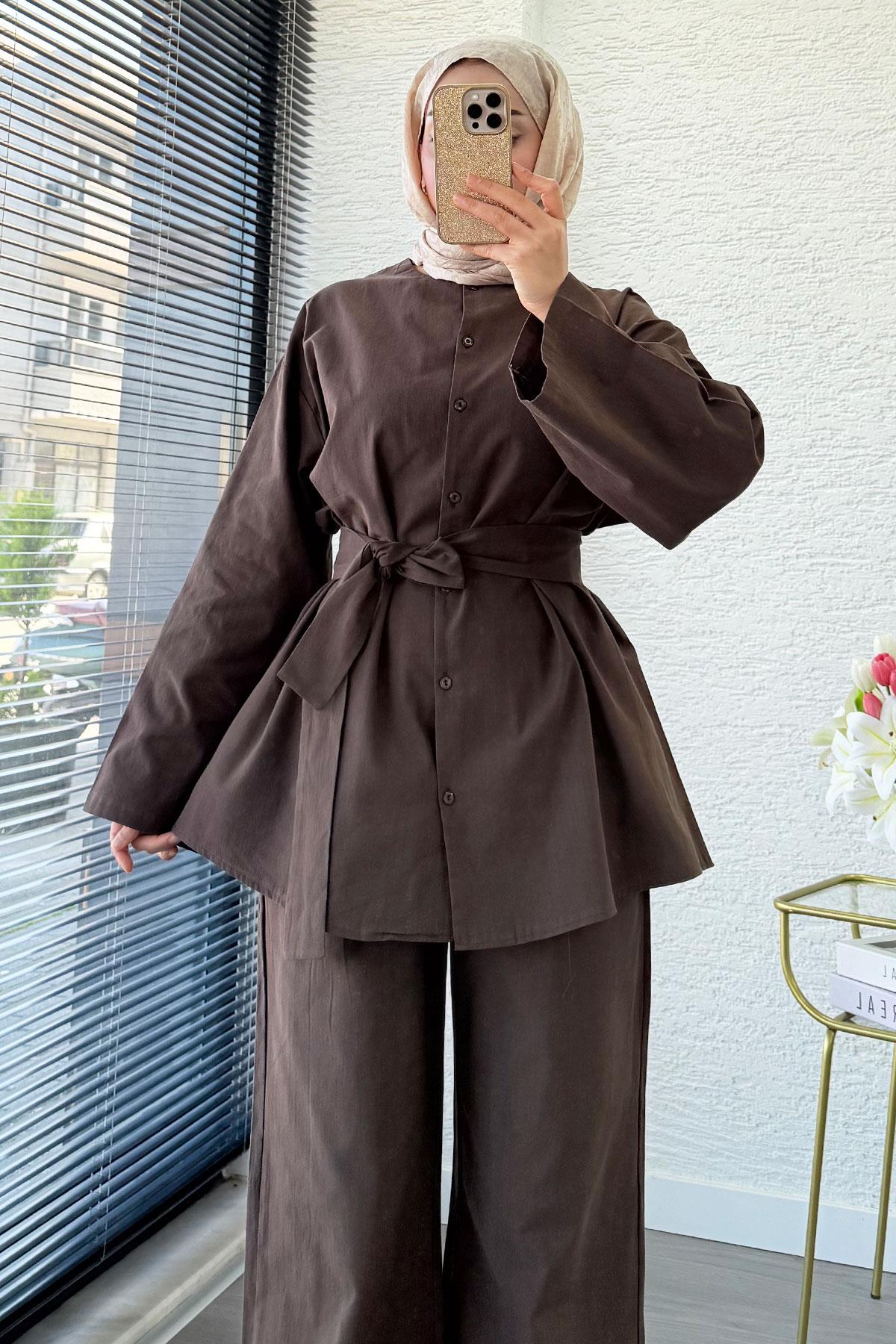 Premıum Oversize Önü Düğmeli Keten İkili Takım - Kahverengi