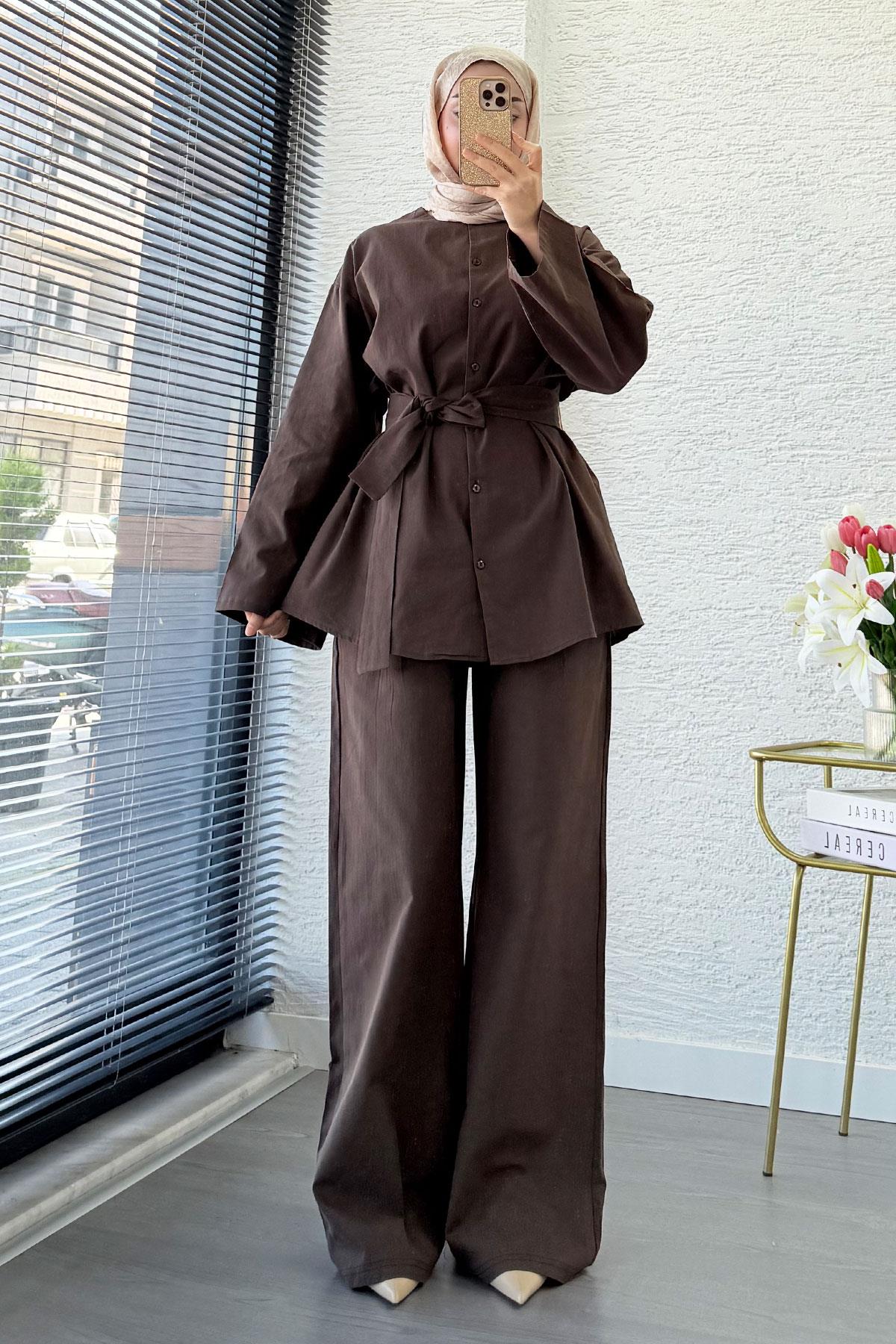 Premıum Oversize Önü Düğmeli Keten İkili Takım - Kahverengi