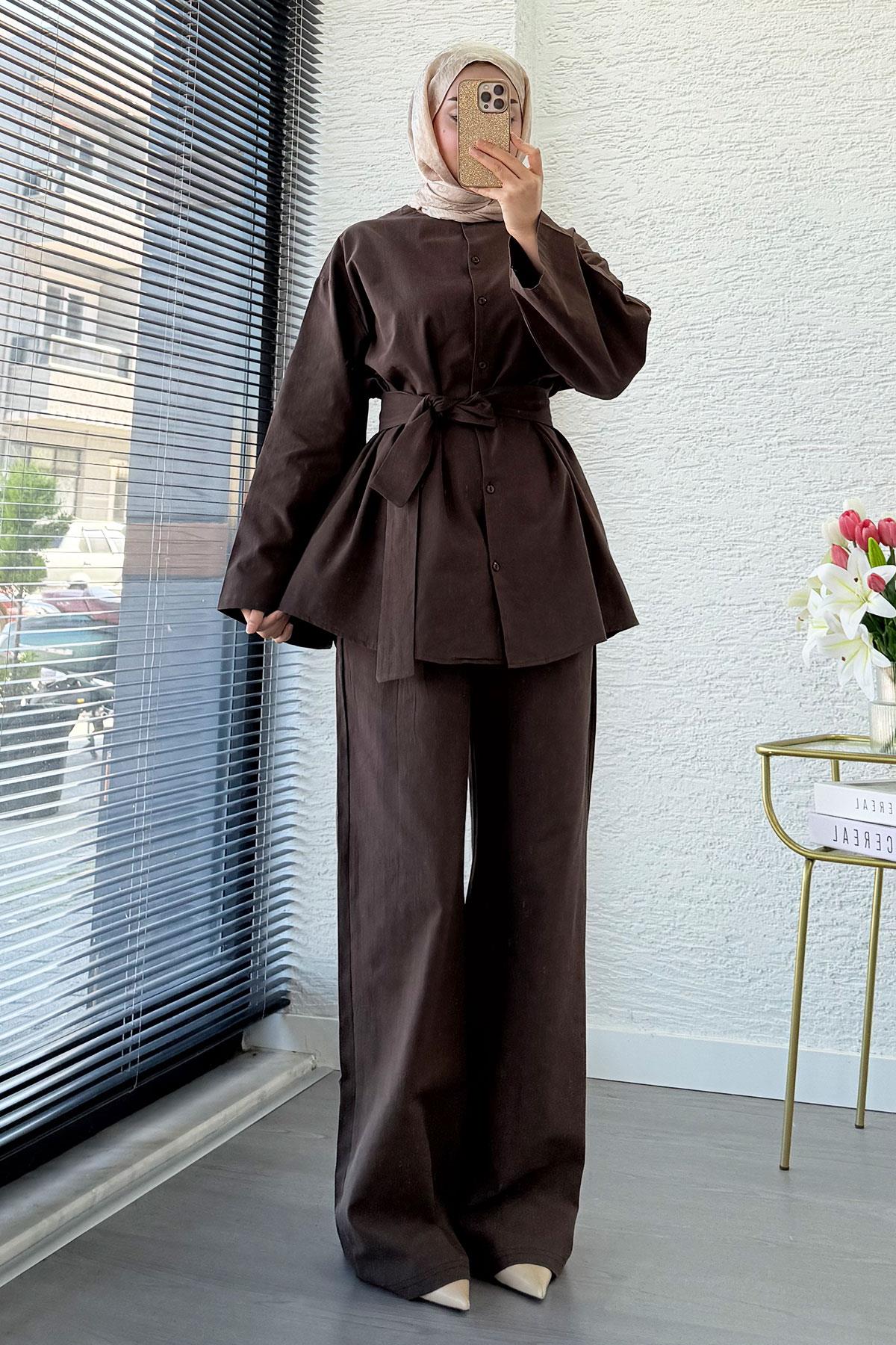 Premıum Oversize Önü Düğmeli Keten İkili Takım - Kahverengi
