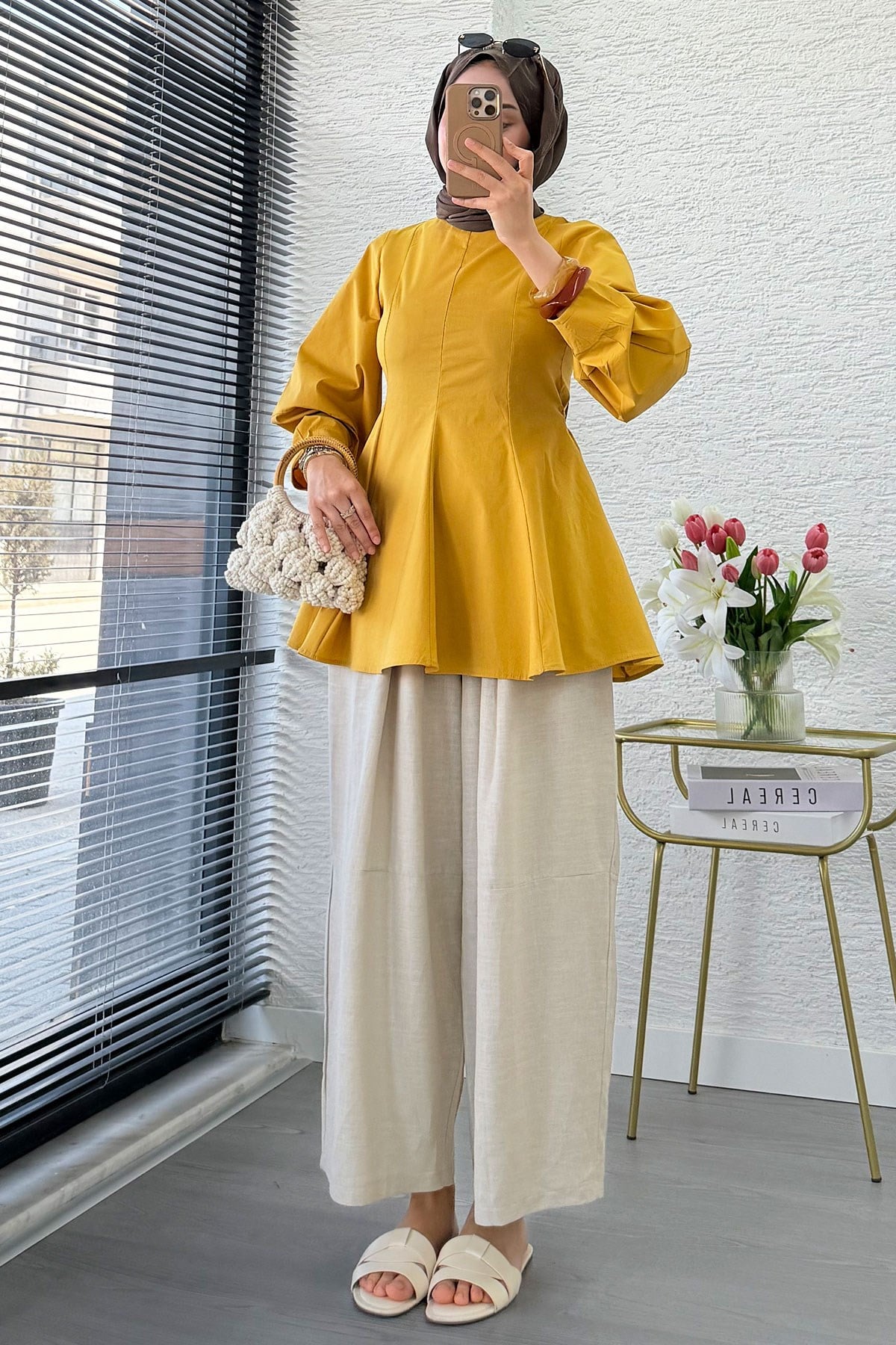 Premium Parçalı Volan Balon Kol Poplin Bluz - Hardal