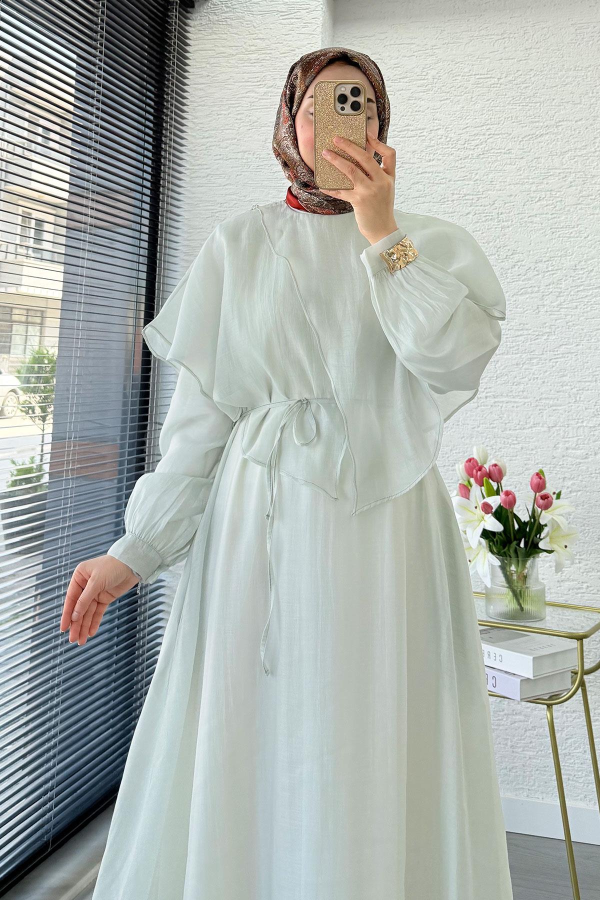 Premium Pelerin Detay Elina Vual Elbise – Mint