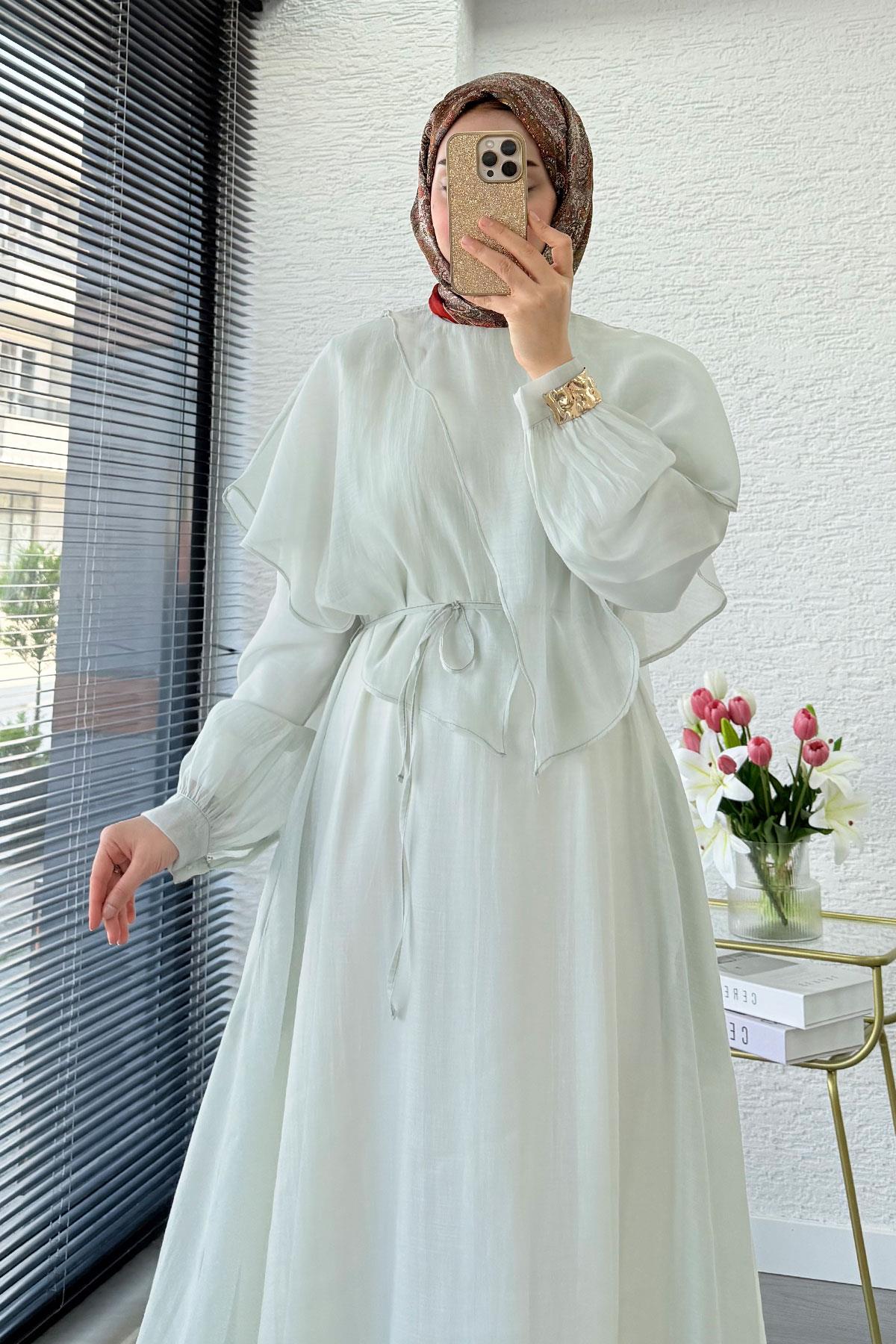 Premium Pelerin Detay Elina Vual Elbise – Mint