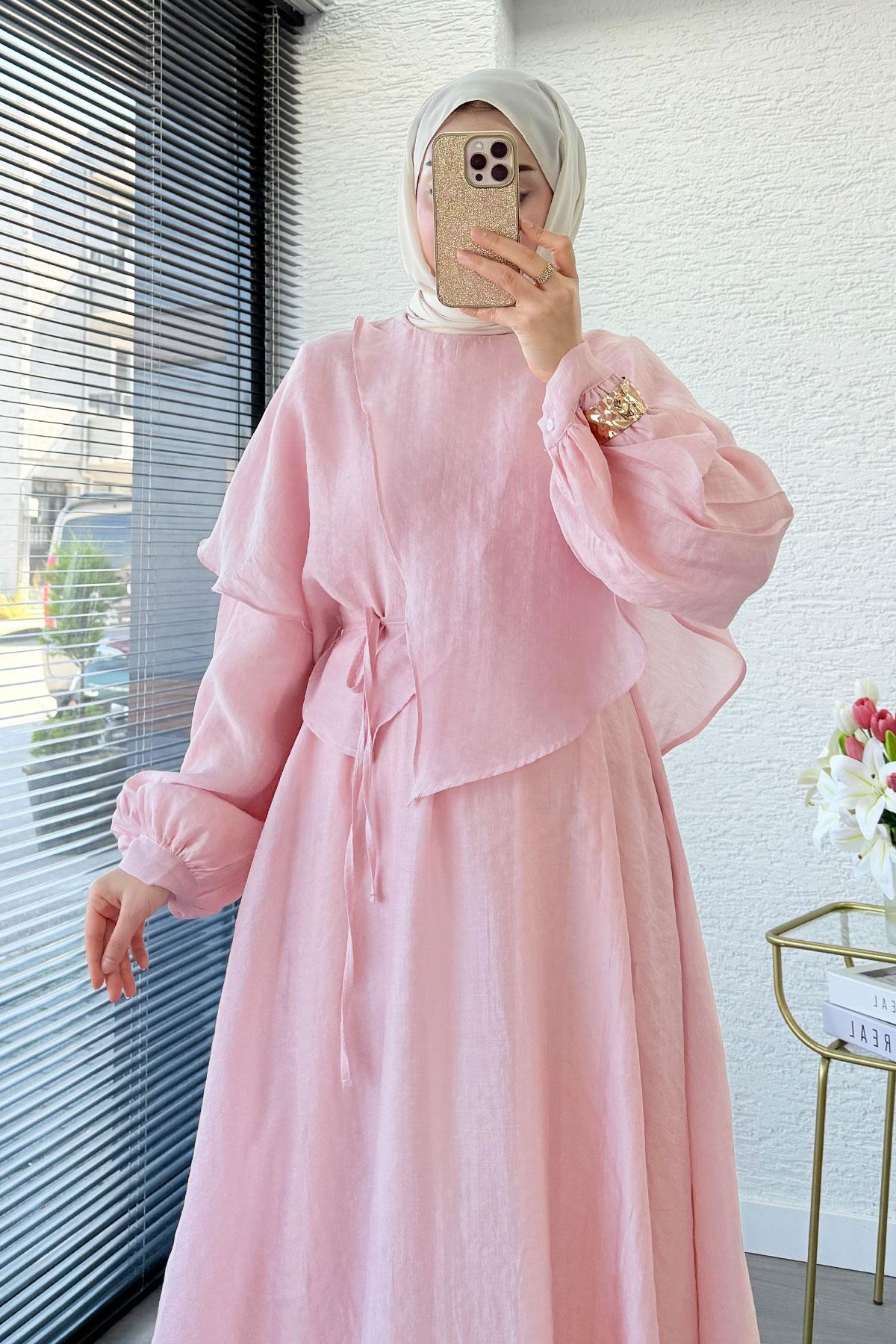 Premium Pelerin Detay Elina Vual Elbise – Pembe