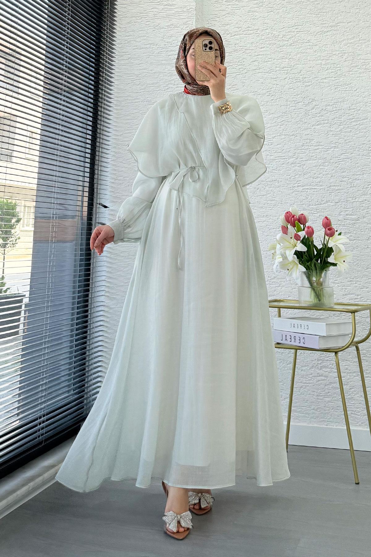 Premium Pelerin Detay Elina Vual Elbise – Mint