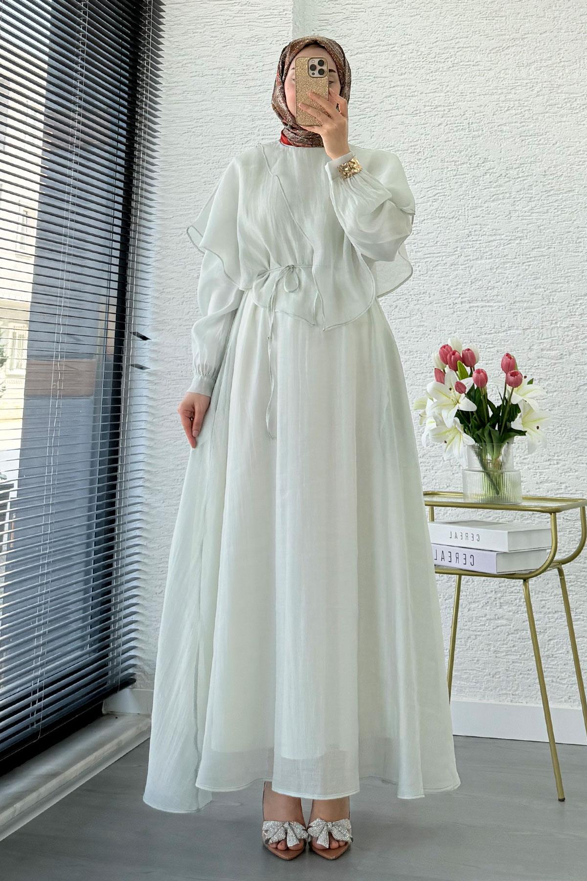 Premium Pelerin Detay Elina Vual Elbise – Mint
