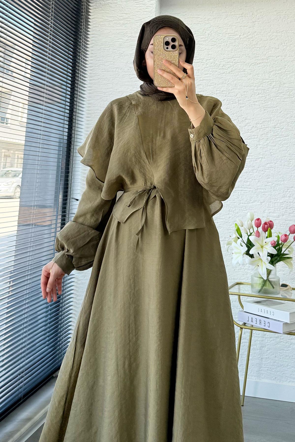 Premium Pelerin Detay Elina Vual Elbise – Haki