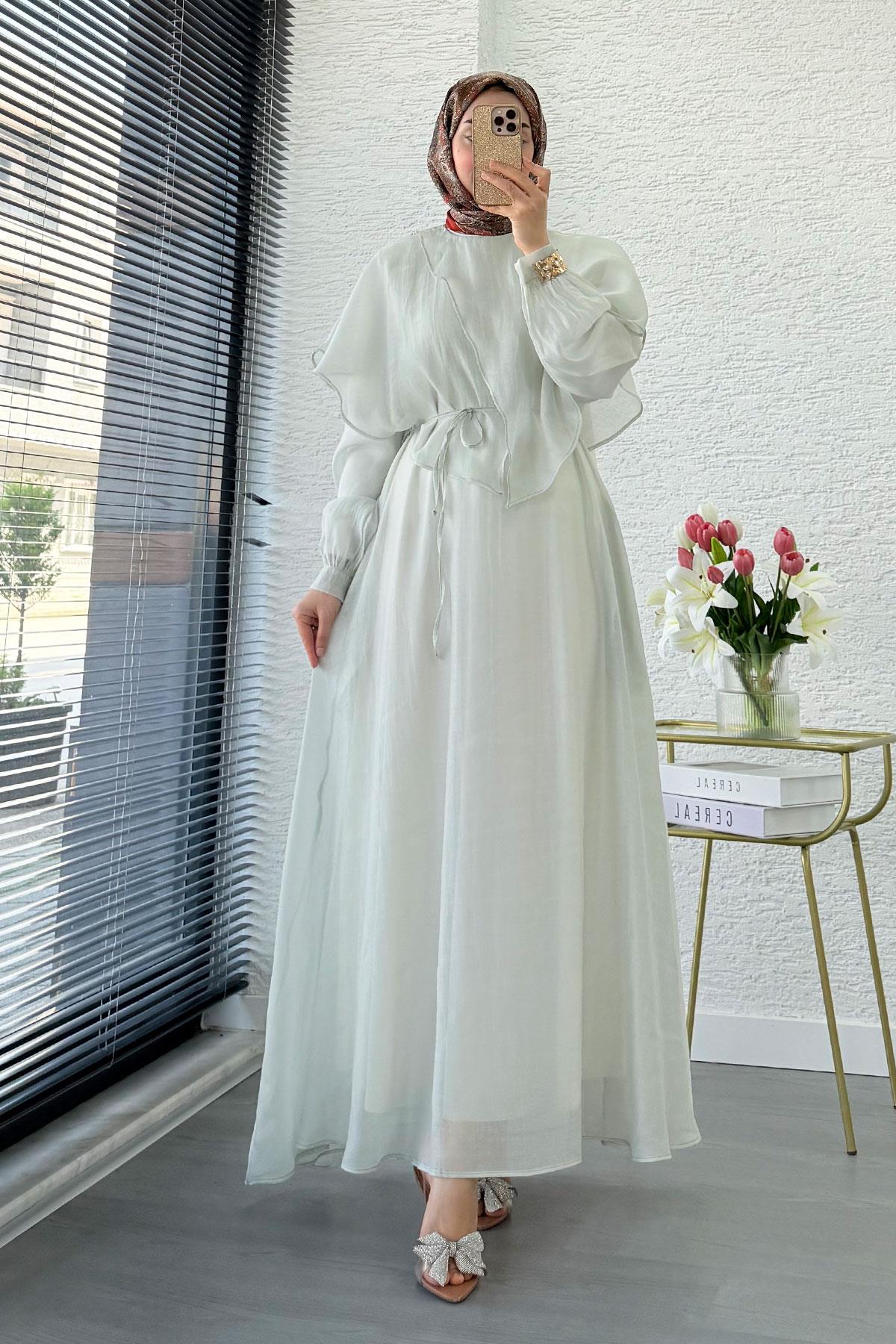 Premium Pelerin Detay Elina Vual Elbise – Mint