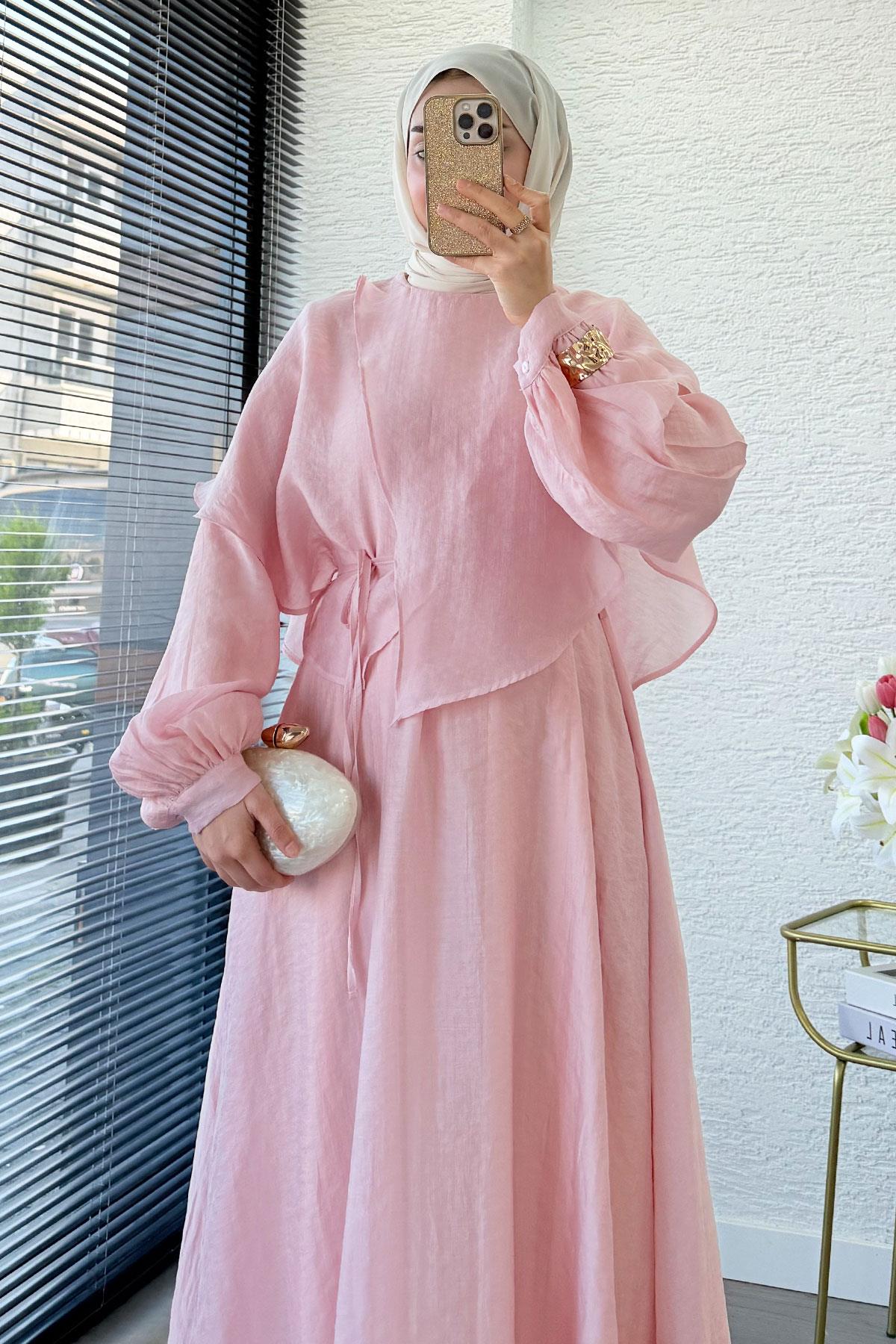Premium Pelerin Detay Elina Vual Elbise – Pembe