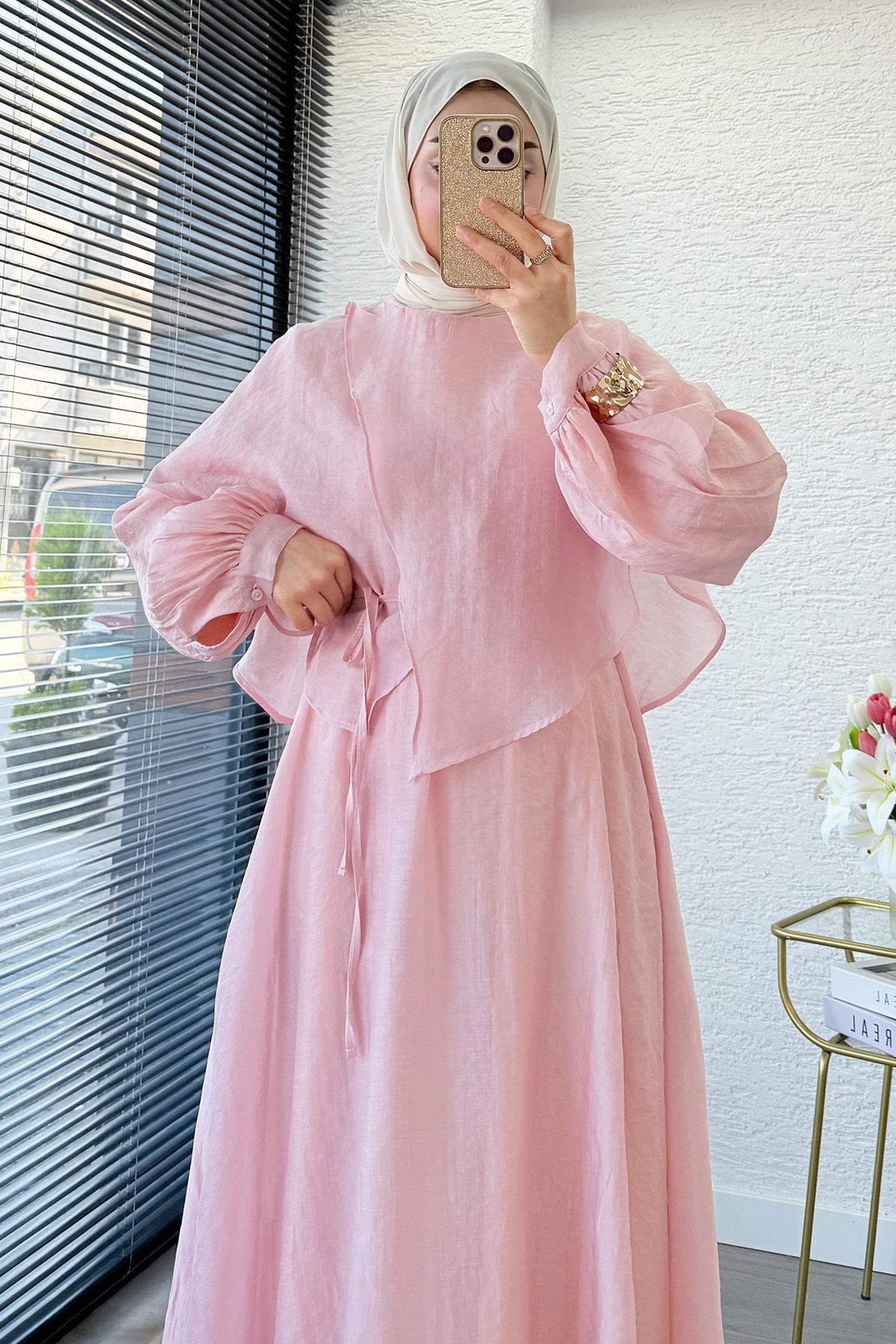 Premium Pelerin Detay Elina Vual Elbise – Pembe