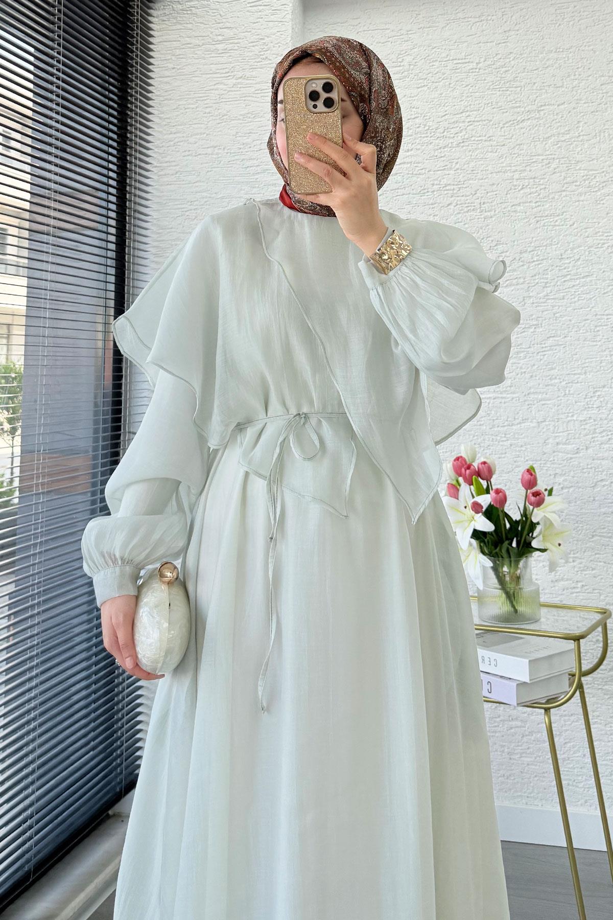 Premium Pelerin Detay Elina Vual Elbise – Mint