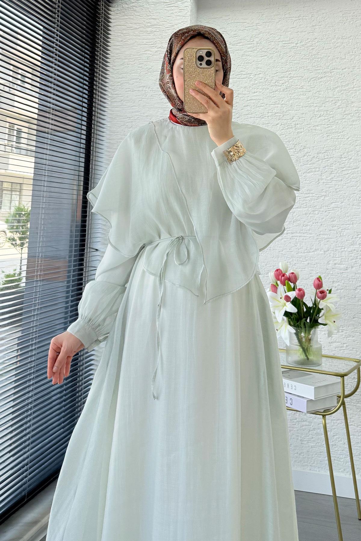 Premium Pelerin Detay Elina Vual Elbise – Mint