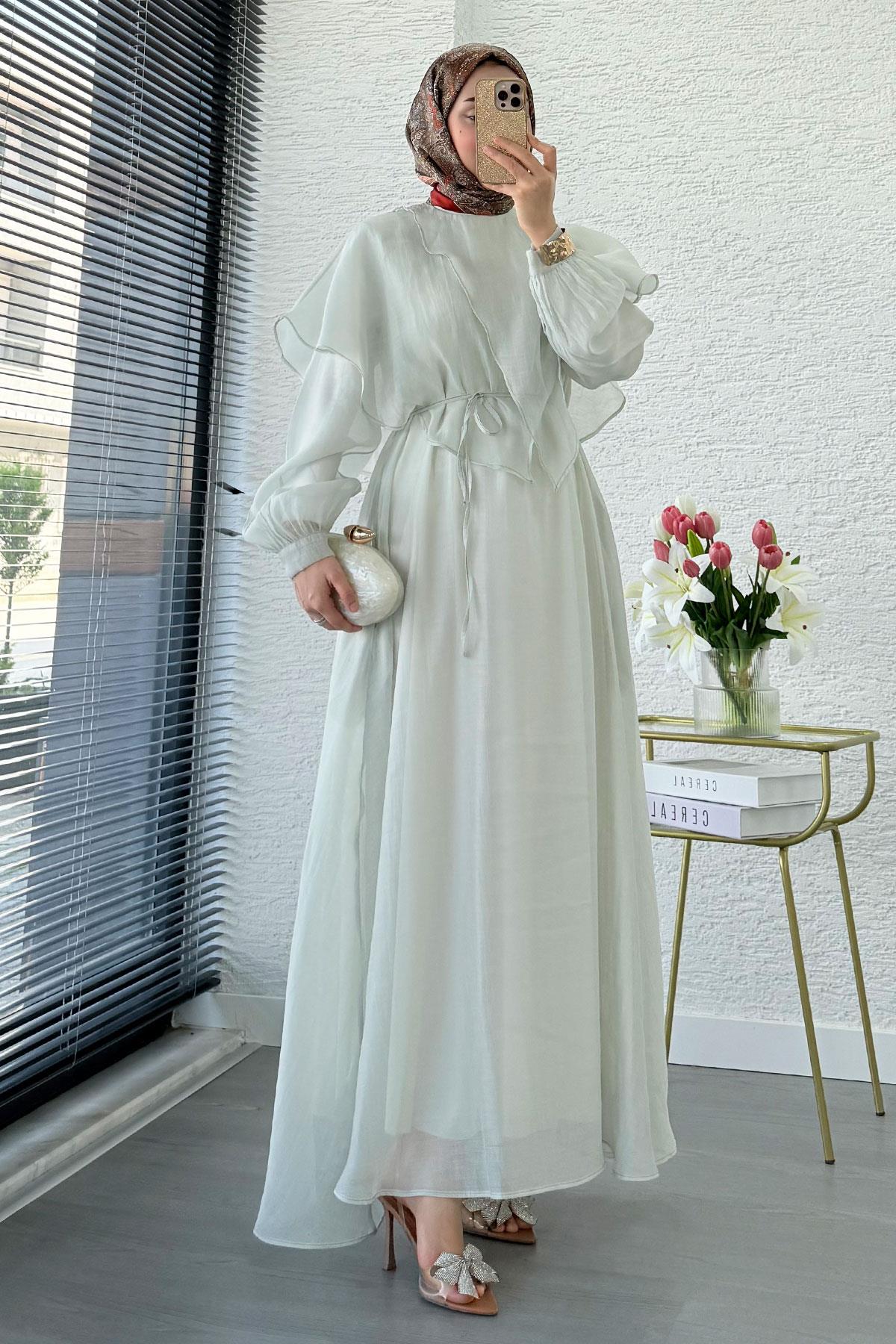 Premium Pelerin Detay Elina Vual Elbise – Mint