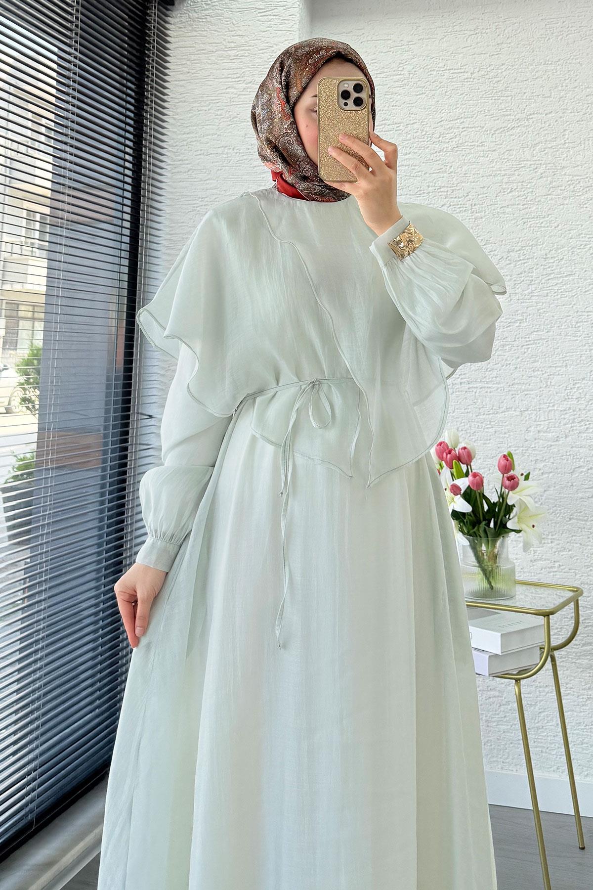 Premium Pelerin Detay Elina Vual Elbise – Mint