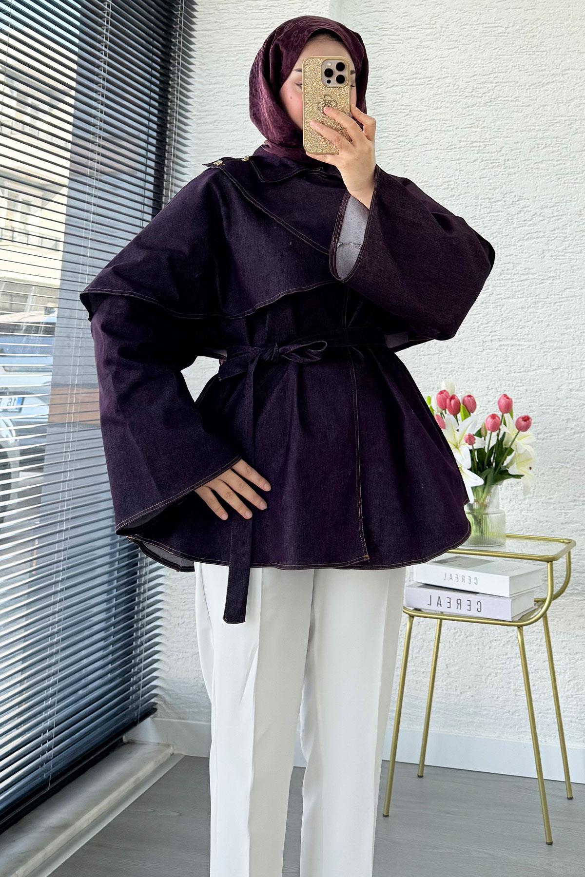 Premium Pelerin Detaylı Denim Panço — Bordo