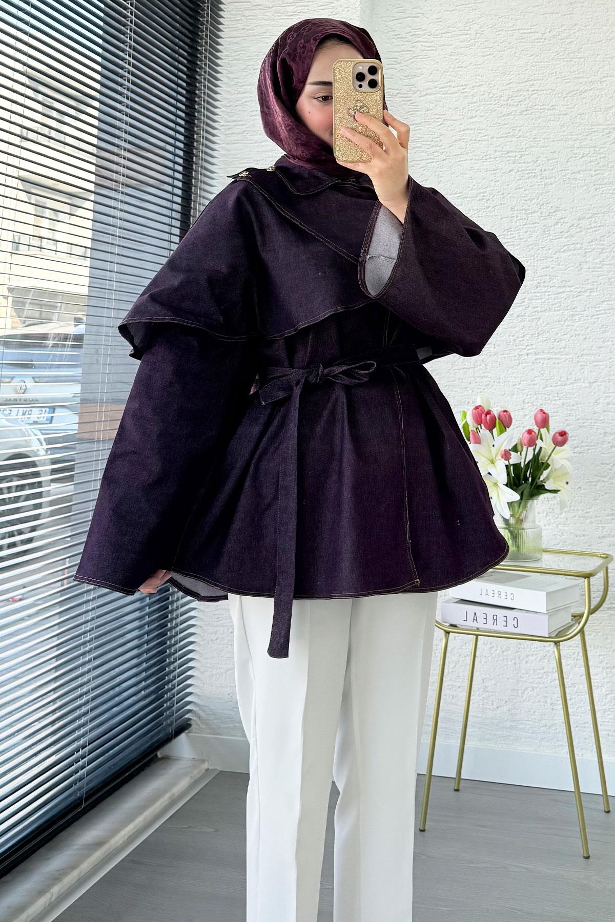 Premium Pelerin Detaylı Denim Panço — Bordo