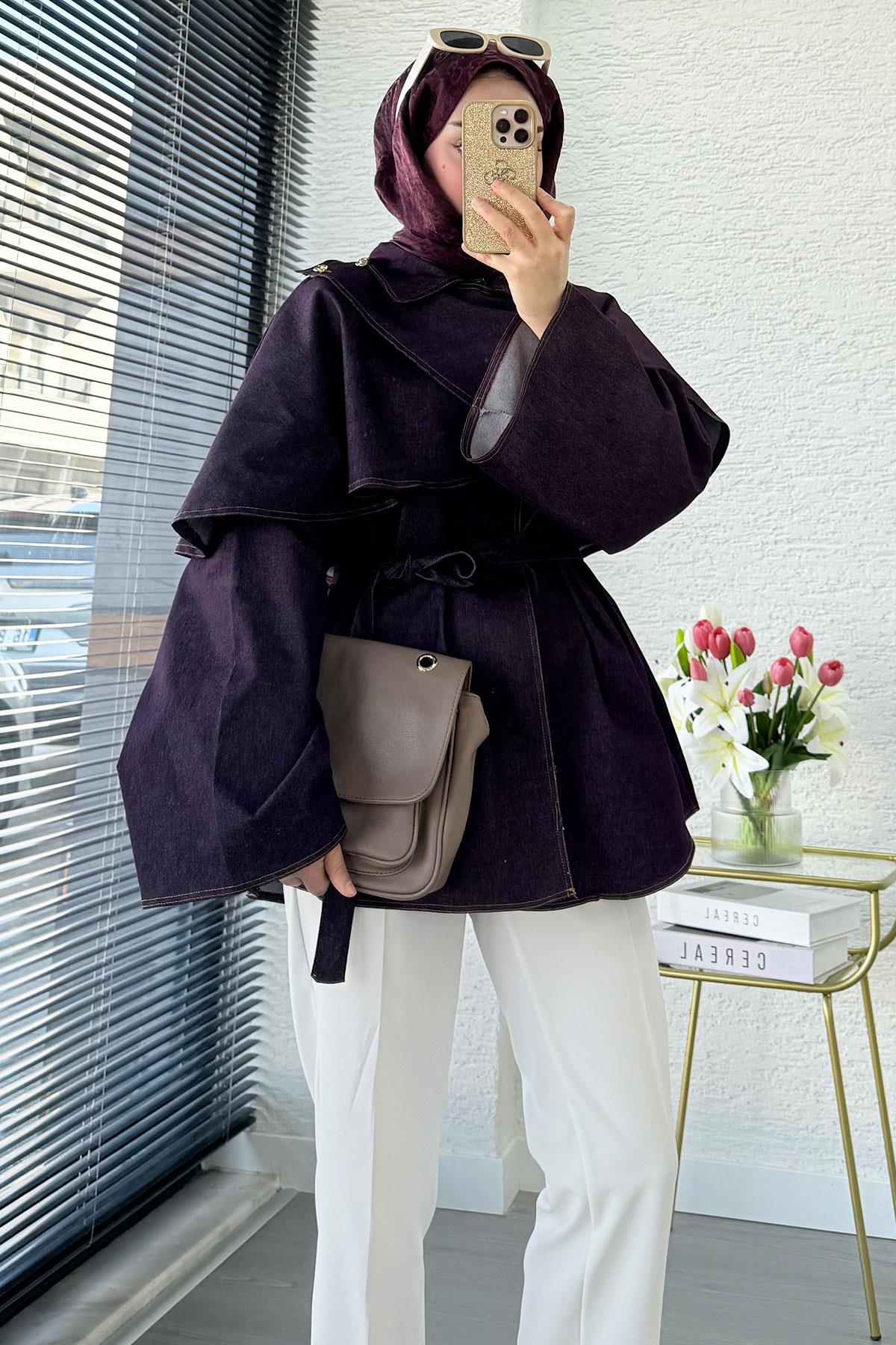 Premium Pelerin Detaylı Denim Panço — Bordo