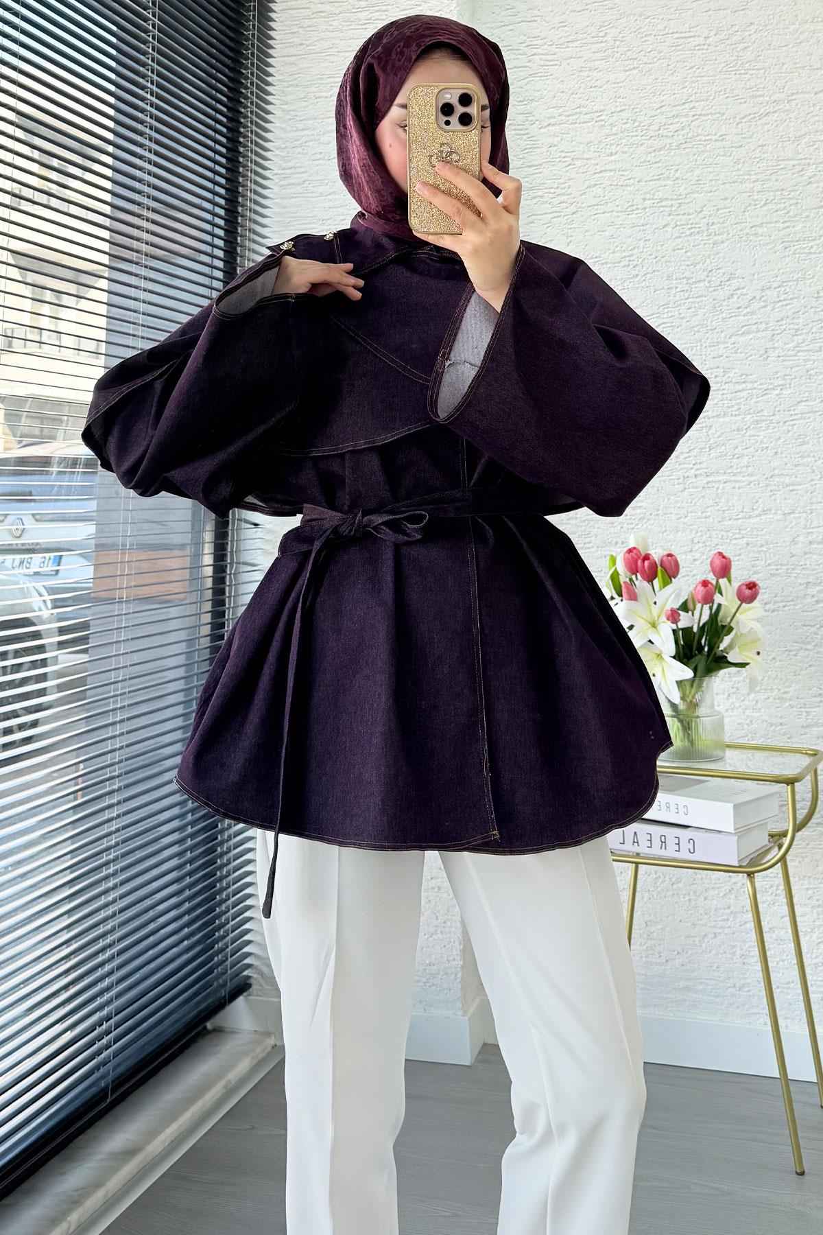 Premium Pelerin Detaylı Denim Panço — Bordo