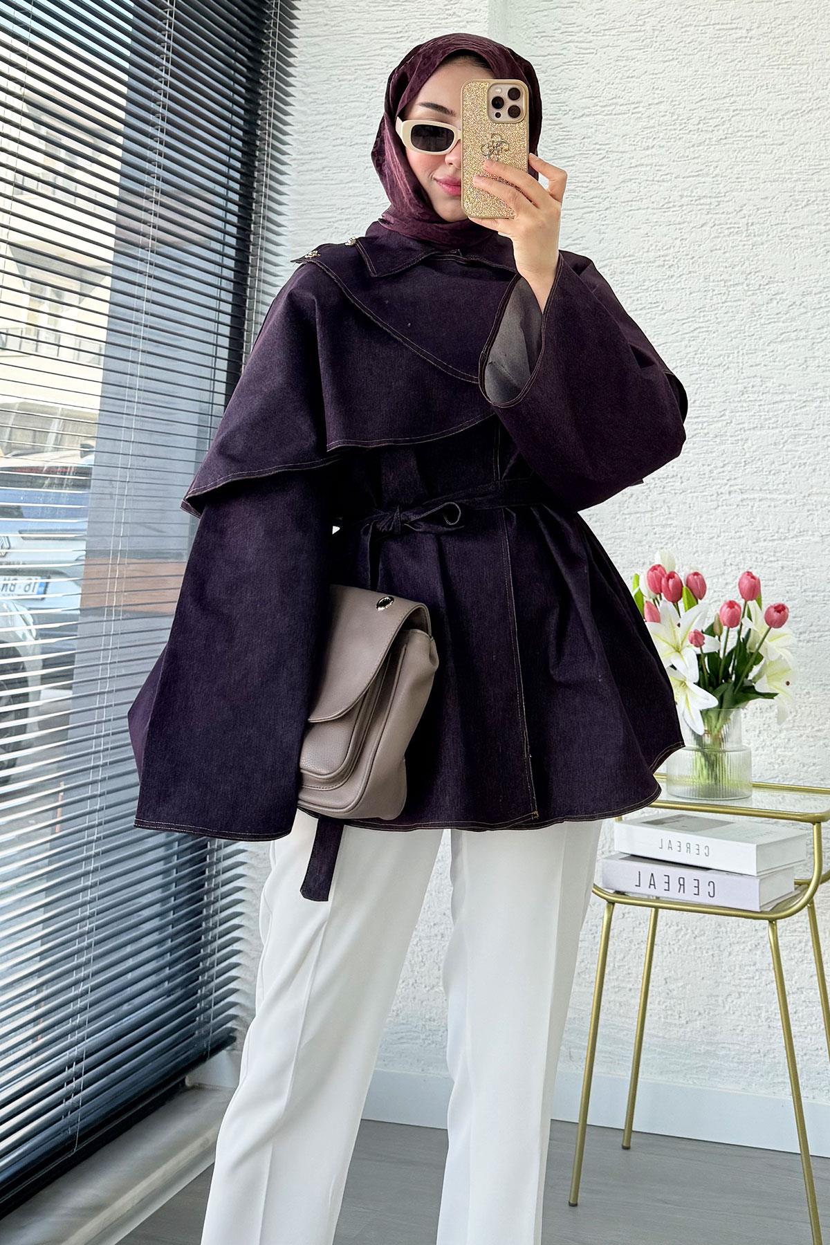 Premium Pelerin Detaylı Denim Panço — Bordo