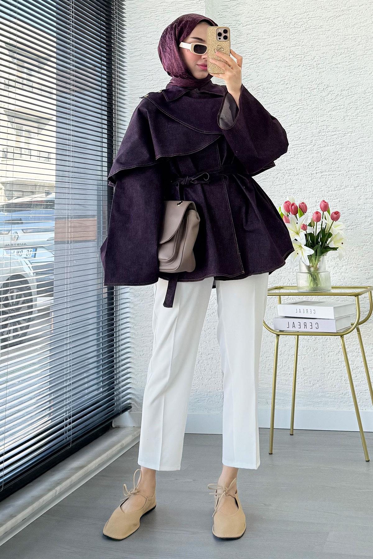 Premium Pelerin Detaylı Denim Panço — Bordo