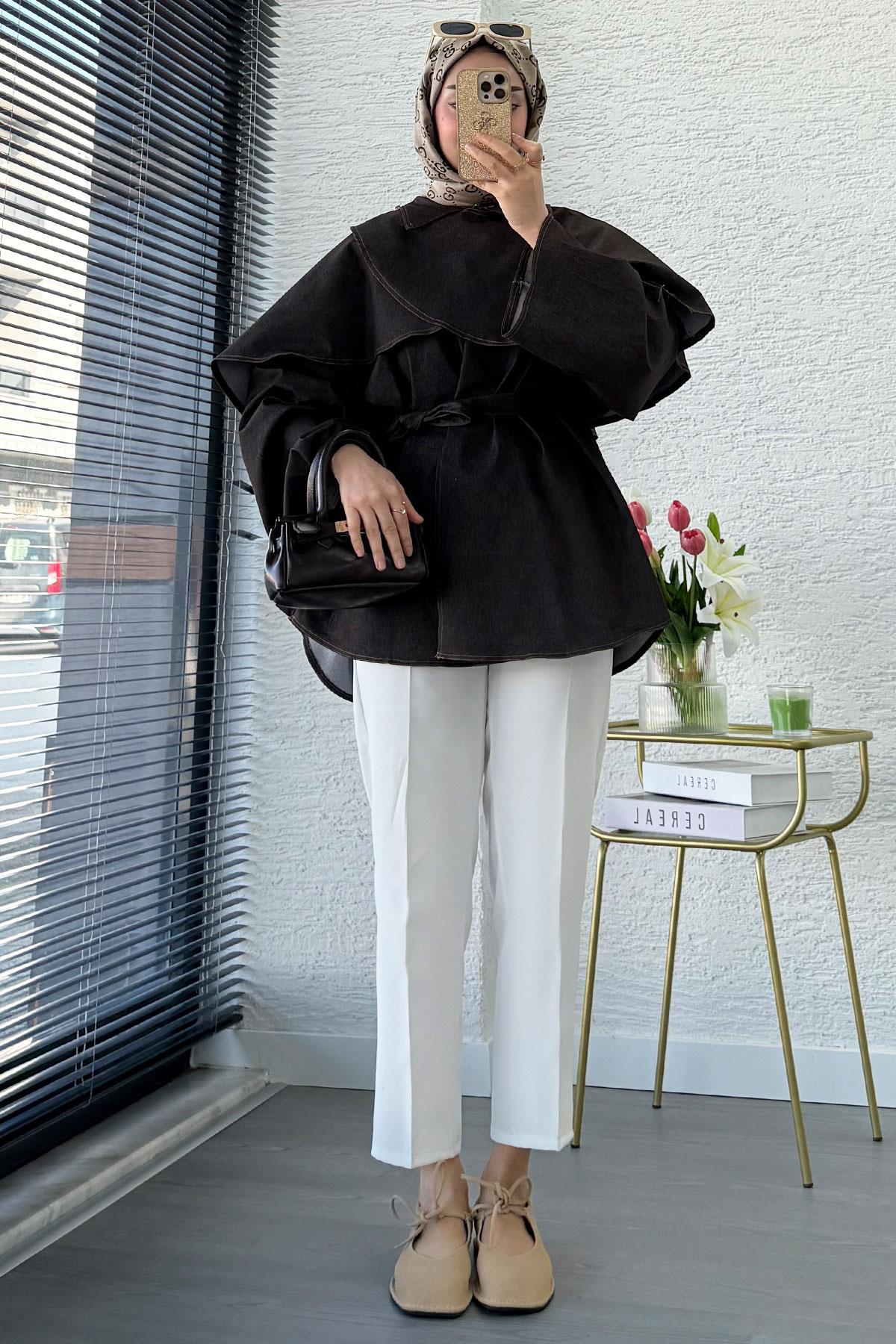 Premium Pelerin Detaylı Denim Panço — Kahverengi