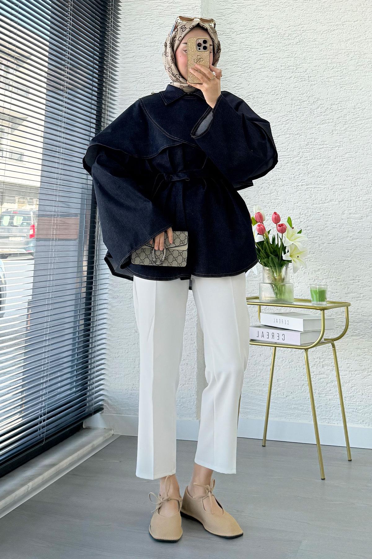 Premium Pelerin Detaylı Denim Panço — Mavi