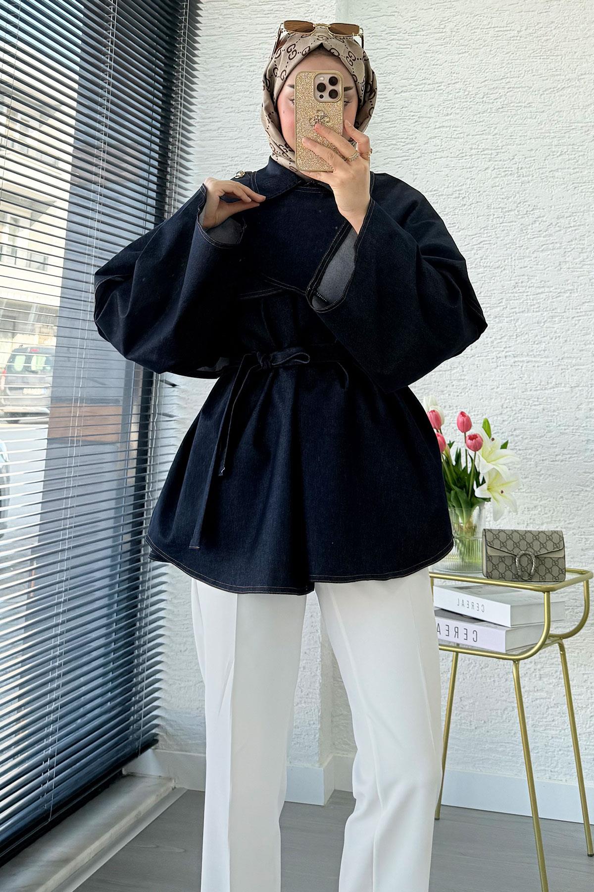 Premium Pelerin Detaylı Denim Panço — Mavi
