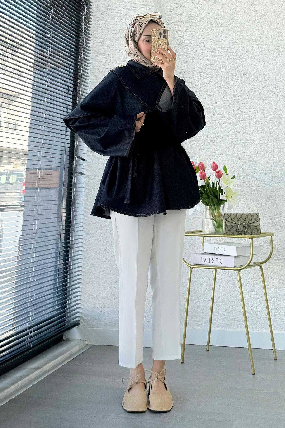 Premium Pelerin Detaylı Denim Panço — Mavi