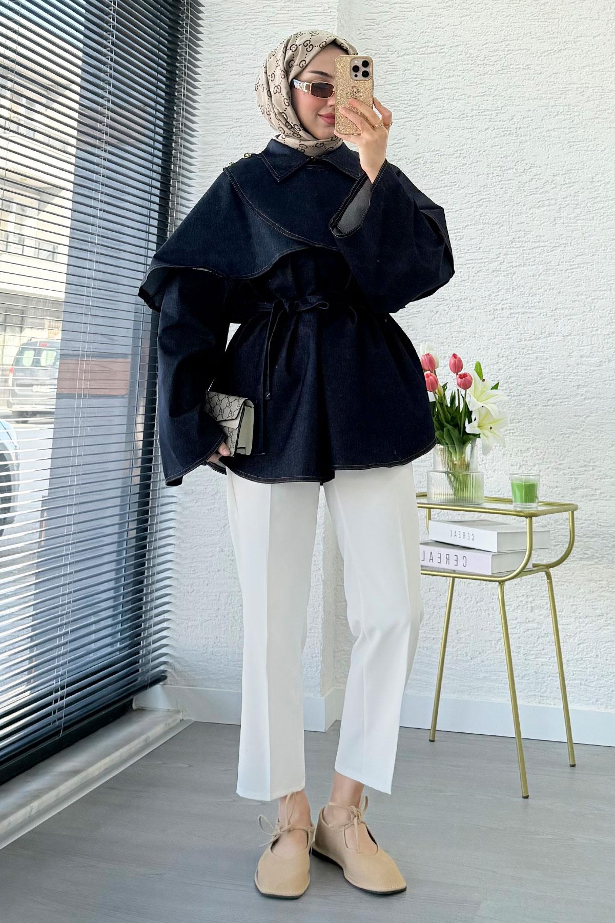 Premium Pelerin Detaylı Denim Panço — Mavi