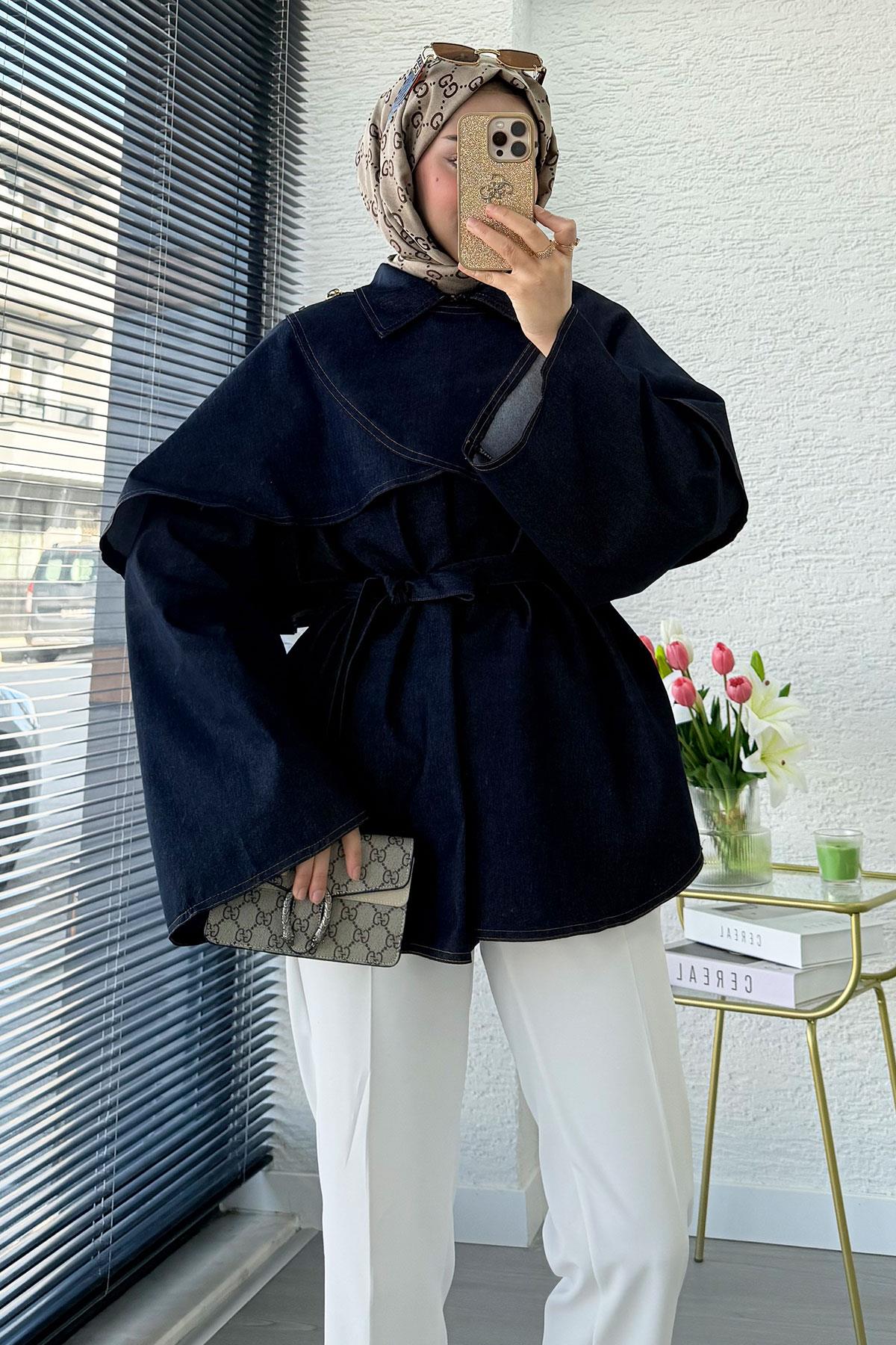 Premium Pelerin Detaylı Denim Panço — Mavi