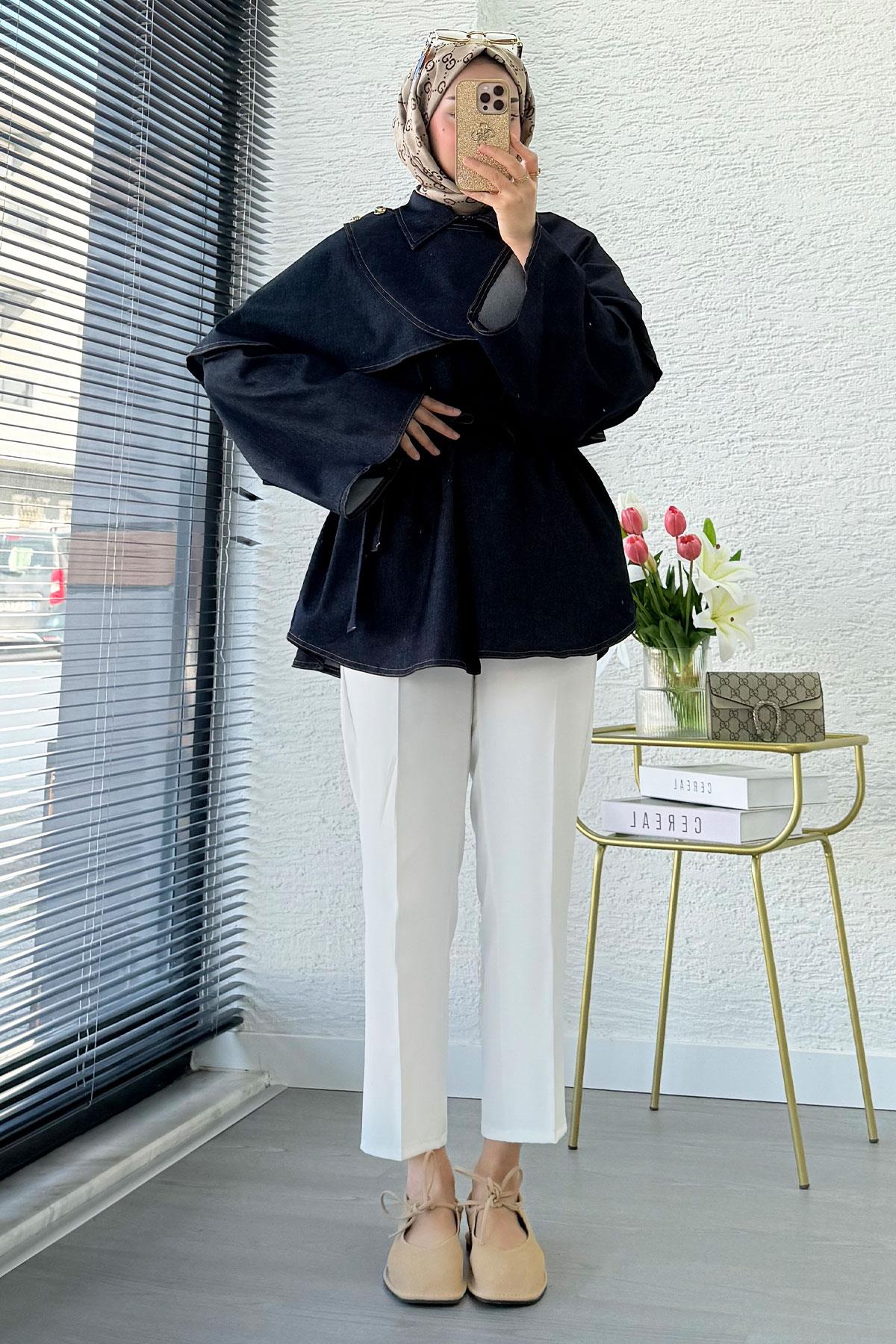 Premium Pelerin Detaylı Denim Panço — Mavi