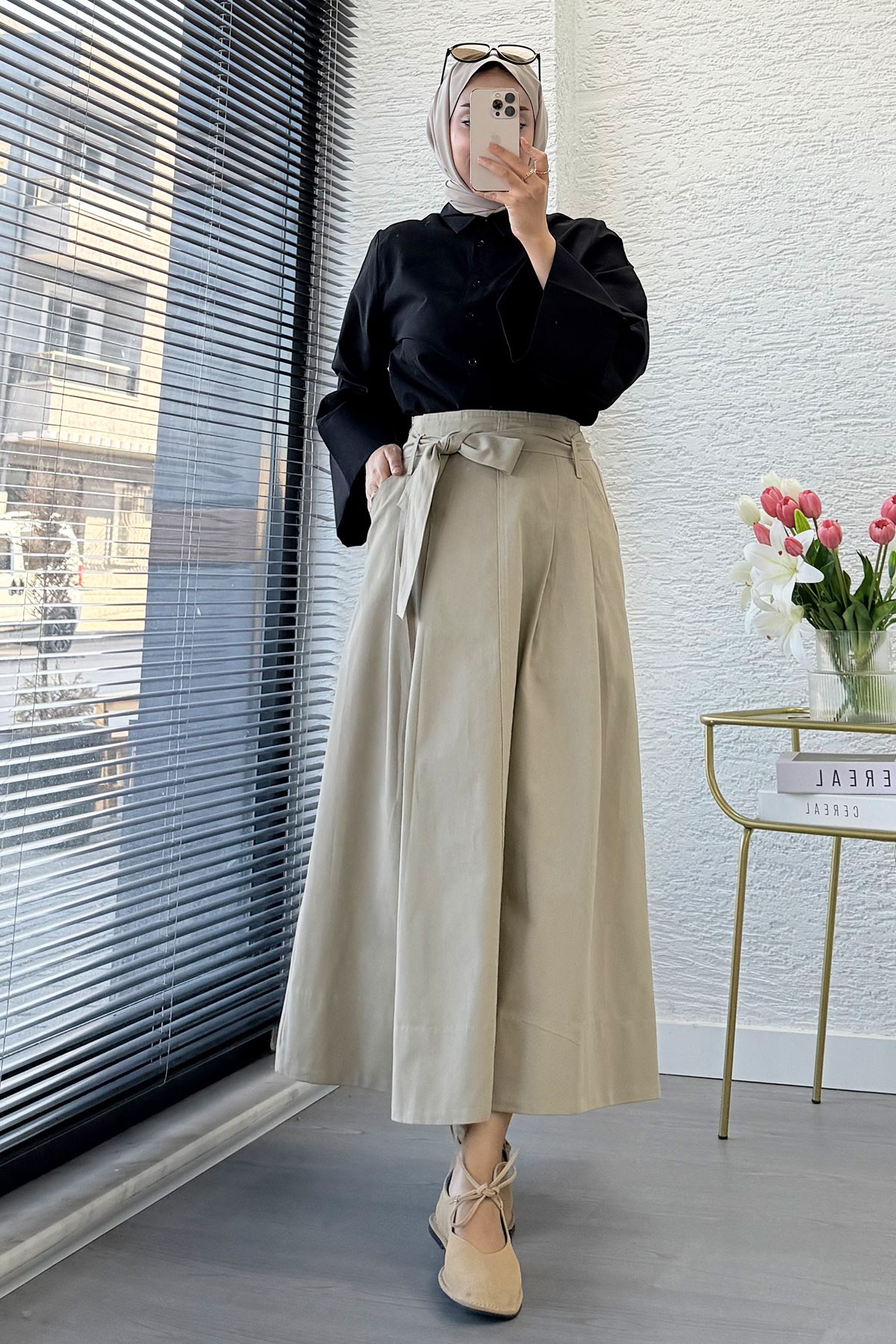 Premıum Pile Detay Kemerli Pamuk Gabardin Midi Etek - Haki