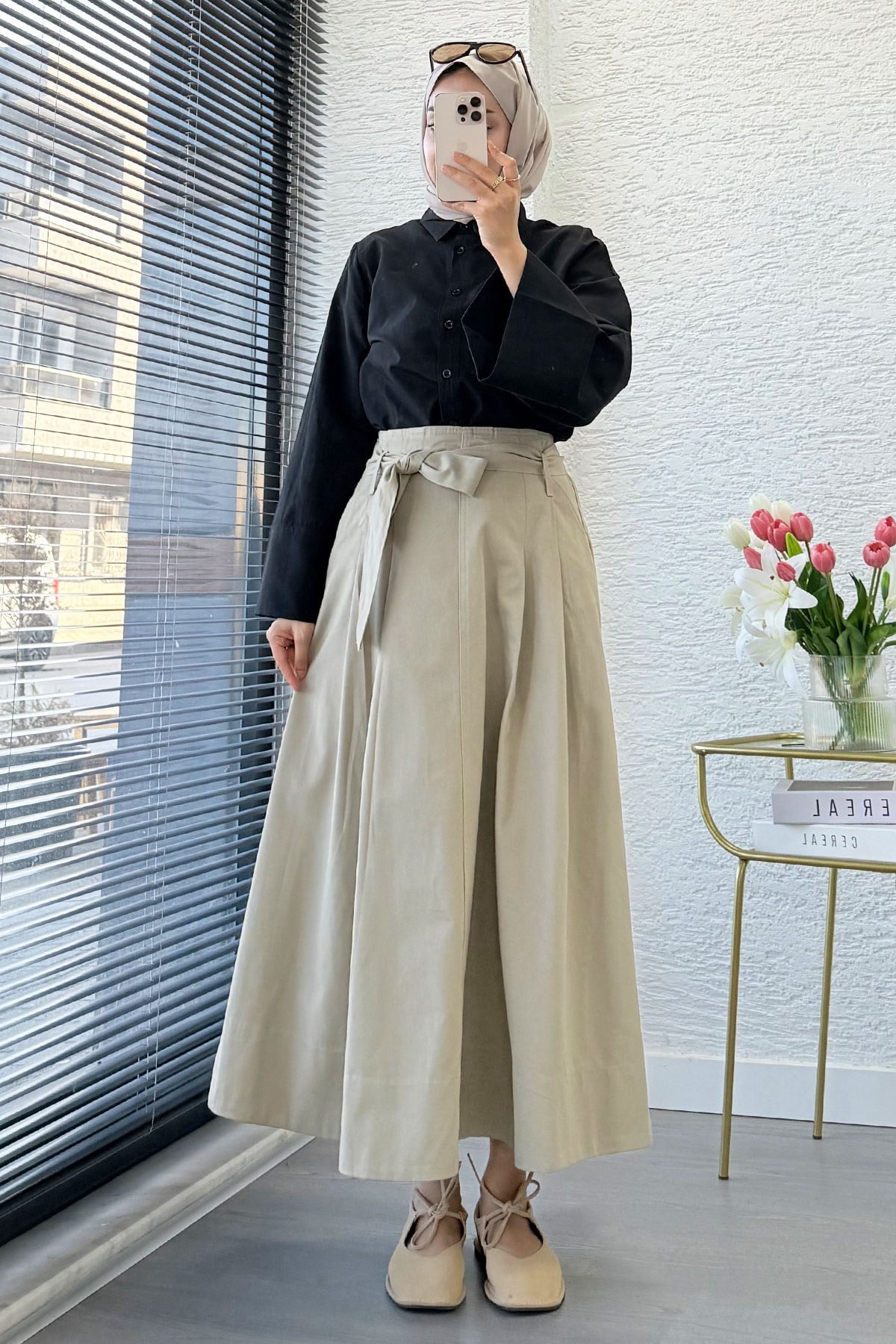 Premıum Pile Detay Kemerli Pamuk Gabardin Midi Etek - Haki