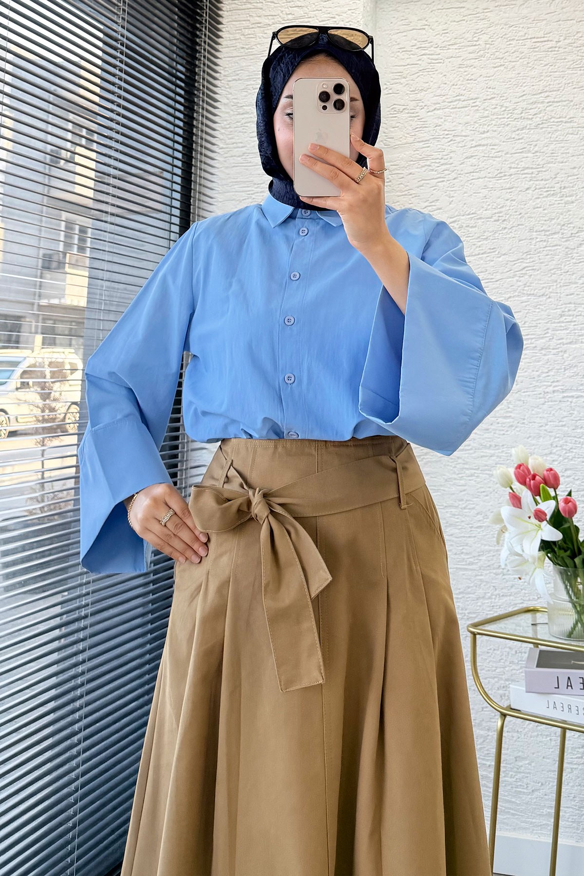 Premıum Pile Detay Kemerli Pamuk Gabardin Midi Etek - Camel