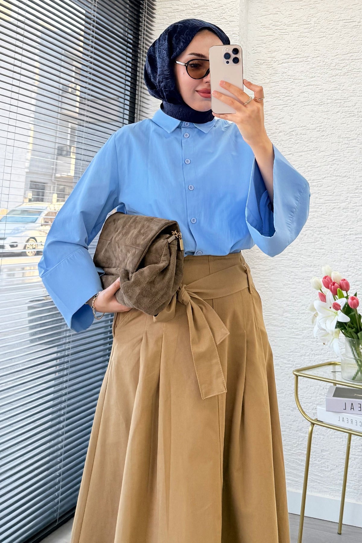 Premıum Pile Detay Kemerli Pamuk Gabardin Midi Etek - Camel