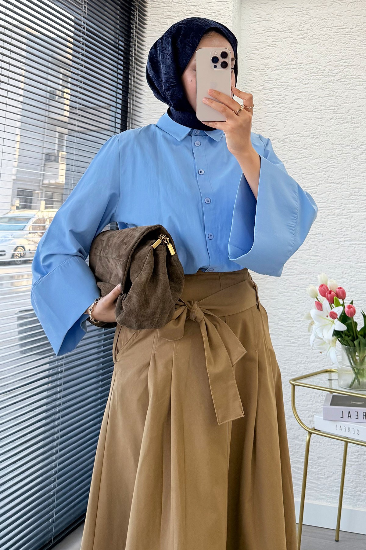 Premıum Pile Detay Kemerli Pamuk Gabardin Midi Etek - Camel
