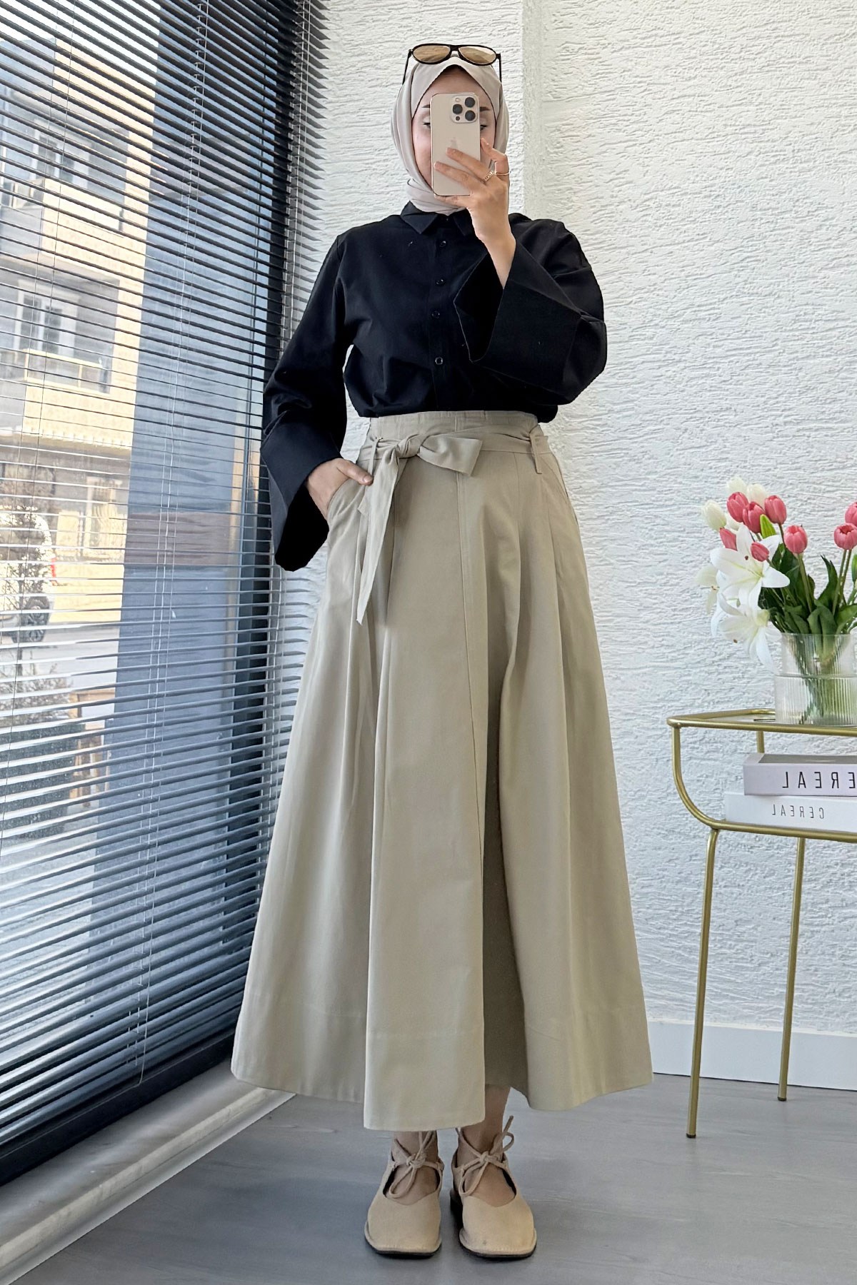 Premıum Pile Detay Kemerli Pamuk Gabardin Midi Etek - Haki