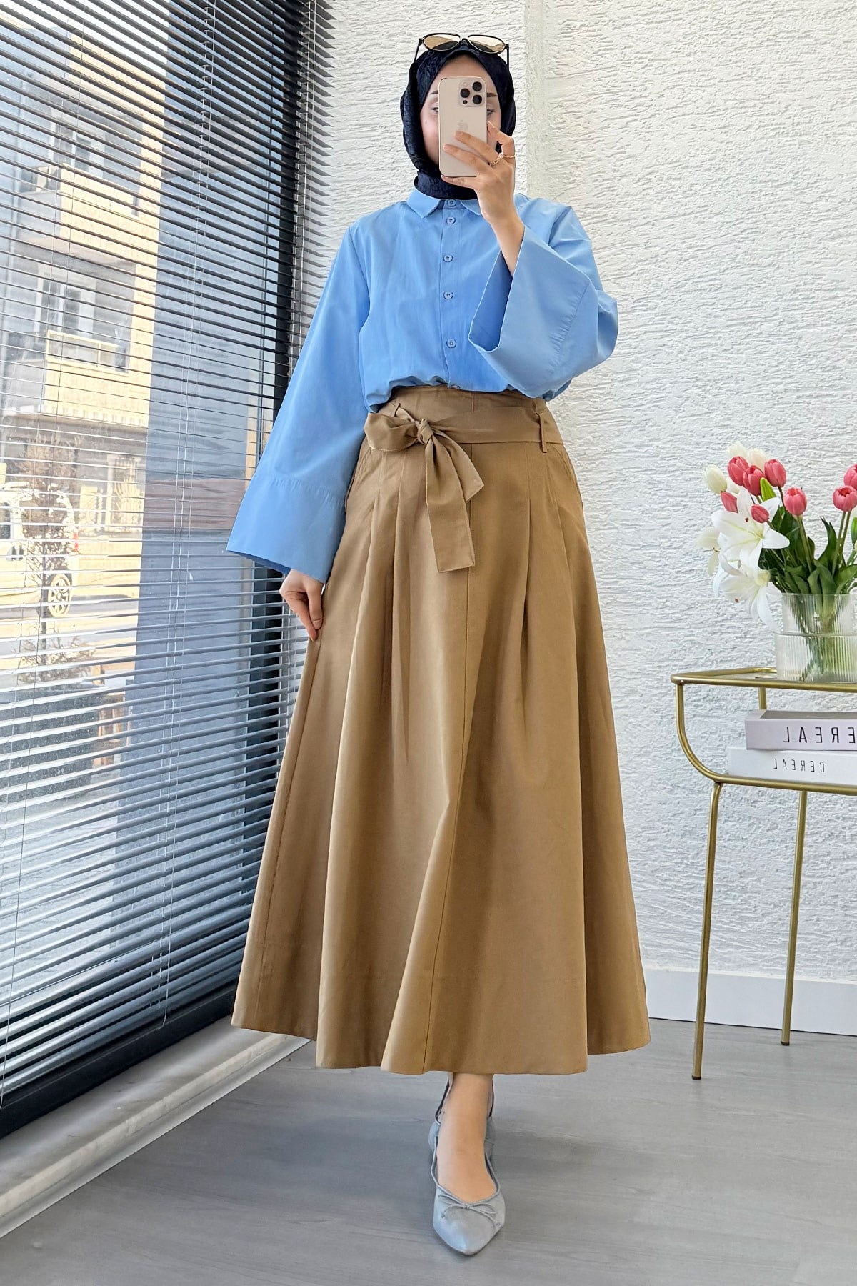 Premıum Pile Detay Kemerli Pamuk Gabardin Midi Etek - Camel