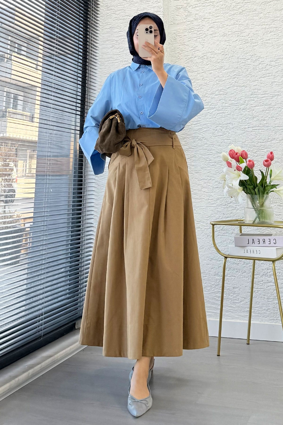 Premıum Pile Detay Kemerli Pamuk Gabardin Midi Etek - Camel