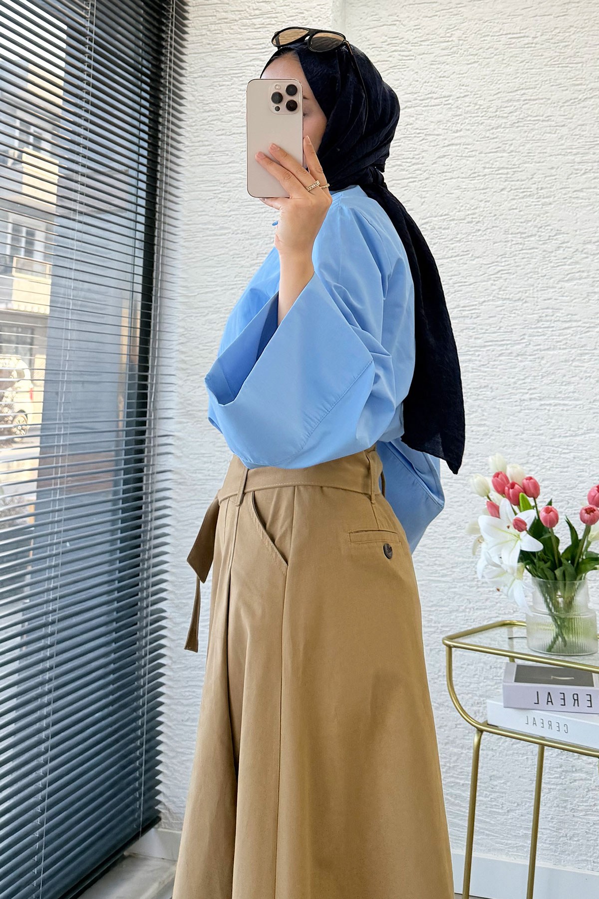 Premıum Pile Detay Kemerli Pamuk Gabardin Midi Etek - Camel